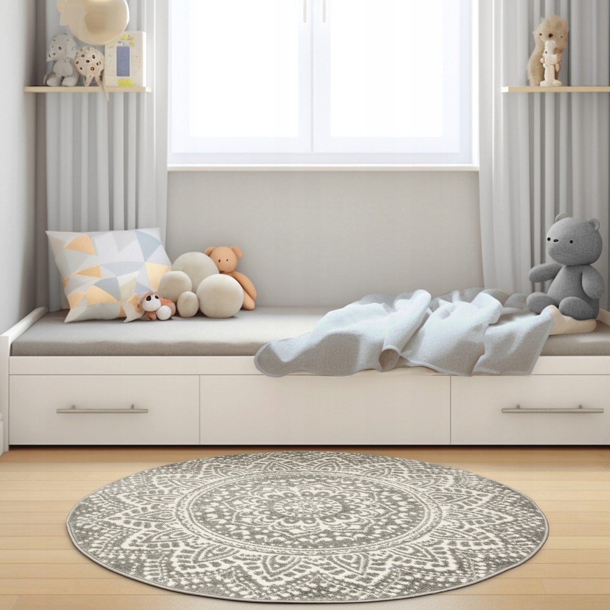 DYWAN OKRĄGŁY DO SALONU SZARY KREMOWY ROZETA MANDALA BOHO LIMA śr. 160 cm Kod producenta G757A l.grey/white