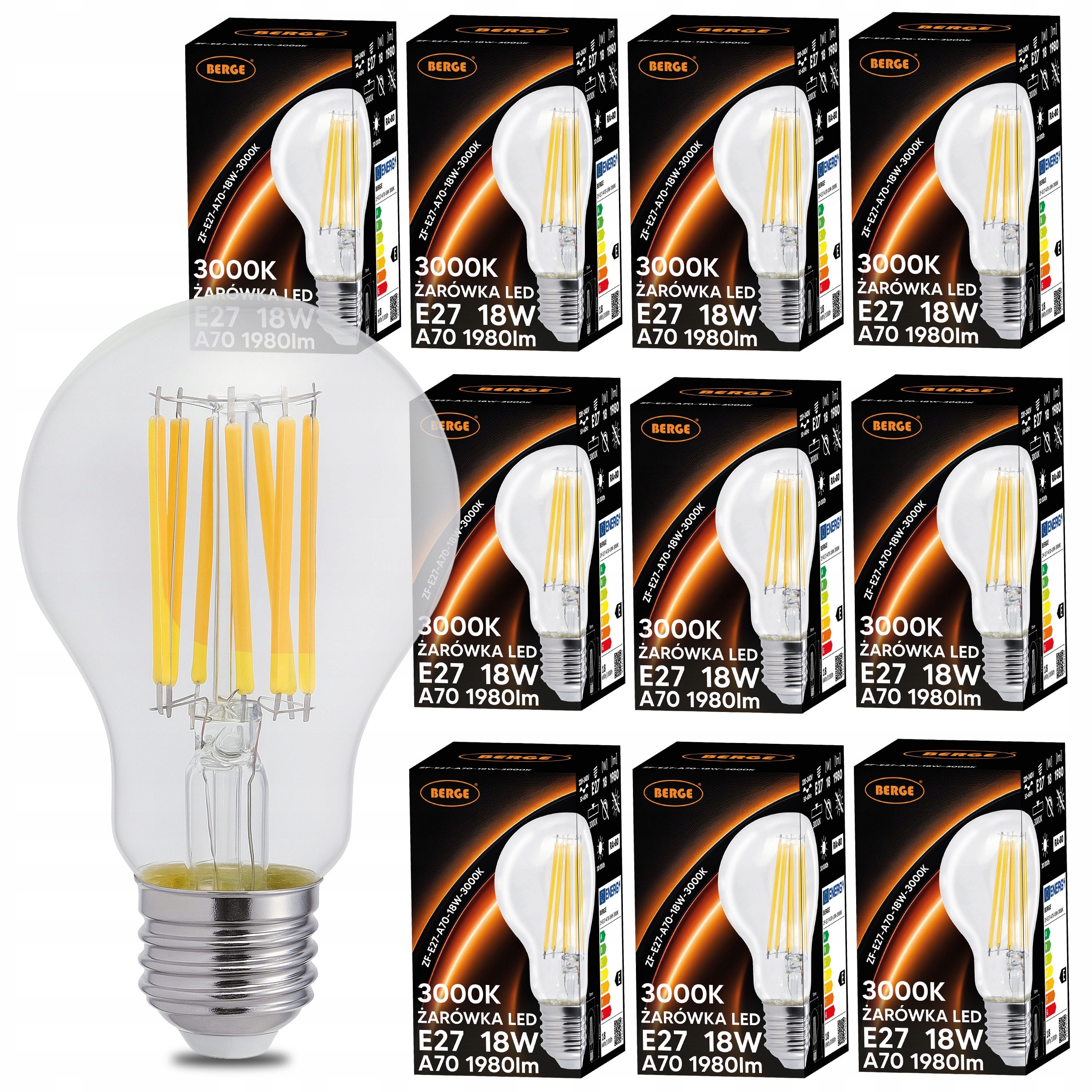 10x Led žárovka E27 18W 150W 1980lm 3000K Ozdobná Filament Retro Silná