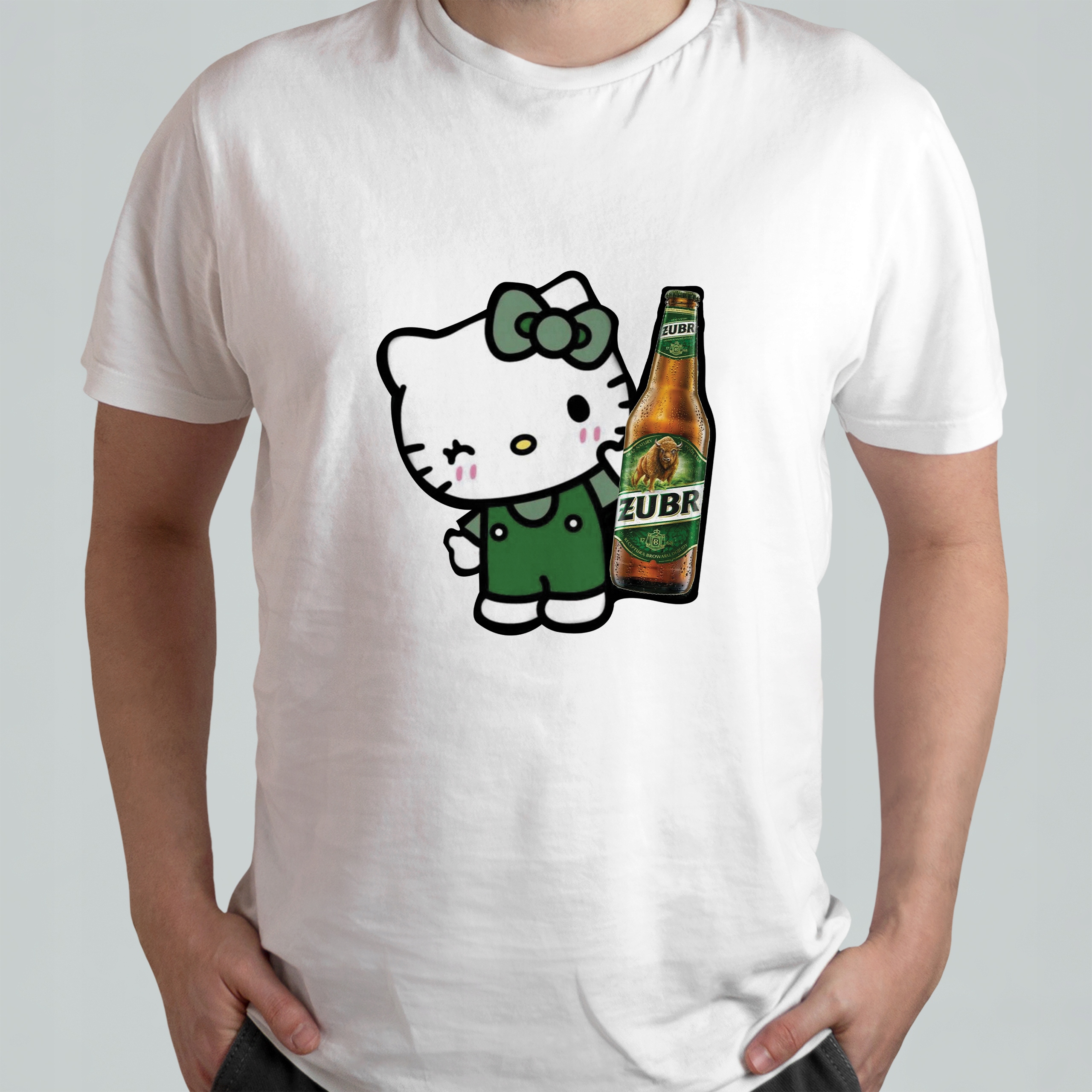 BIAŁA KOSZULKA Z NADRUKIEM MĘSKA ŚMIESZNA T-SHIRT Hello Kitty Żubr Piwo
