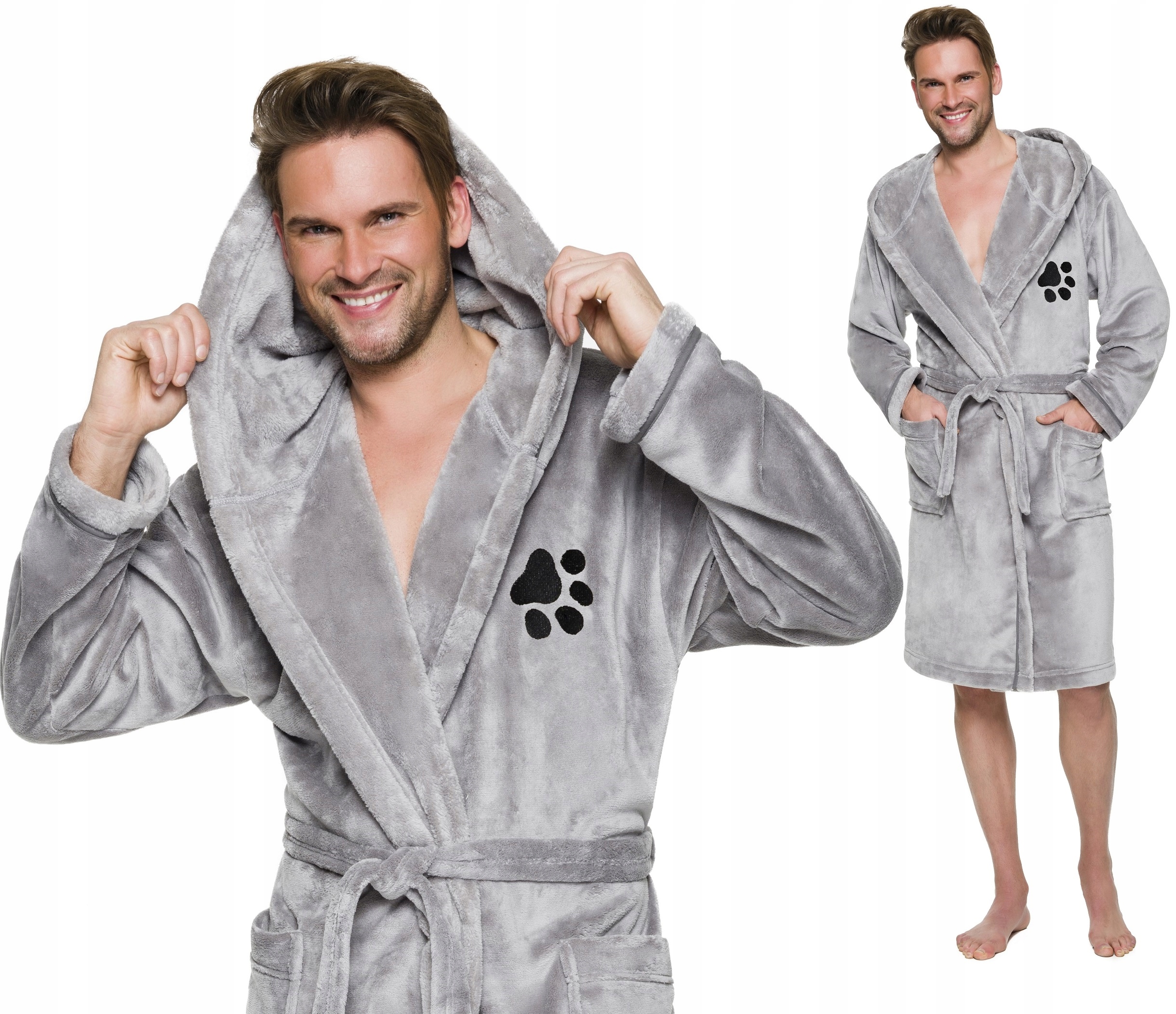 ŁAPKA CIEPŁY KRÓTKI SZLAFROK MĘSKI Z KAPTUREM XL