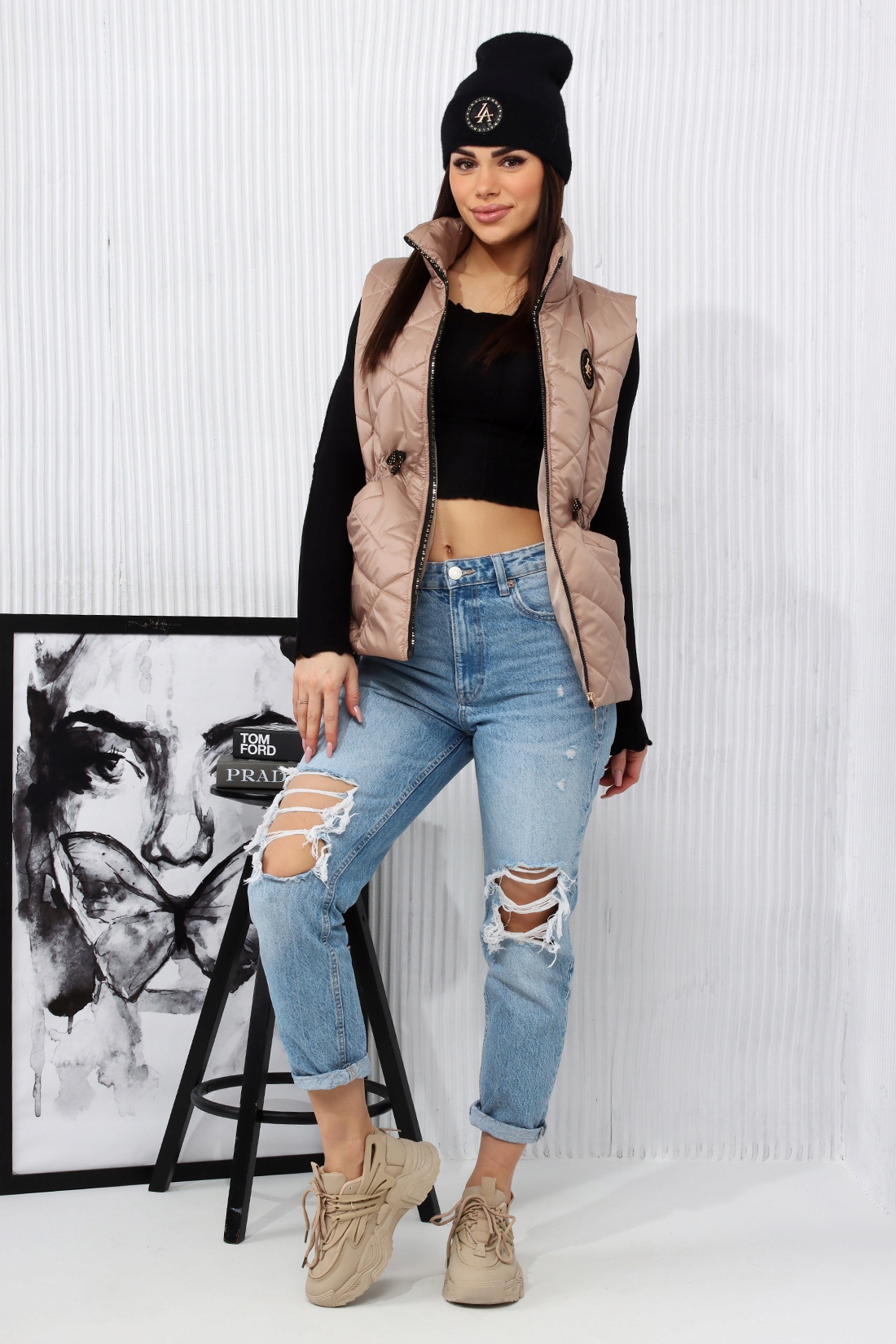 KAMIZELKA DAMSKA BEZRĘKAWNIK PIKOWANA 44 2XL BEŻ Model 2567