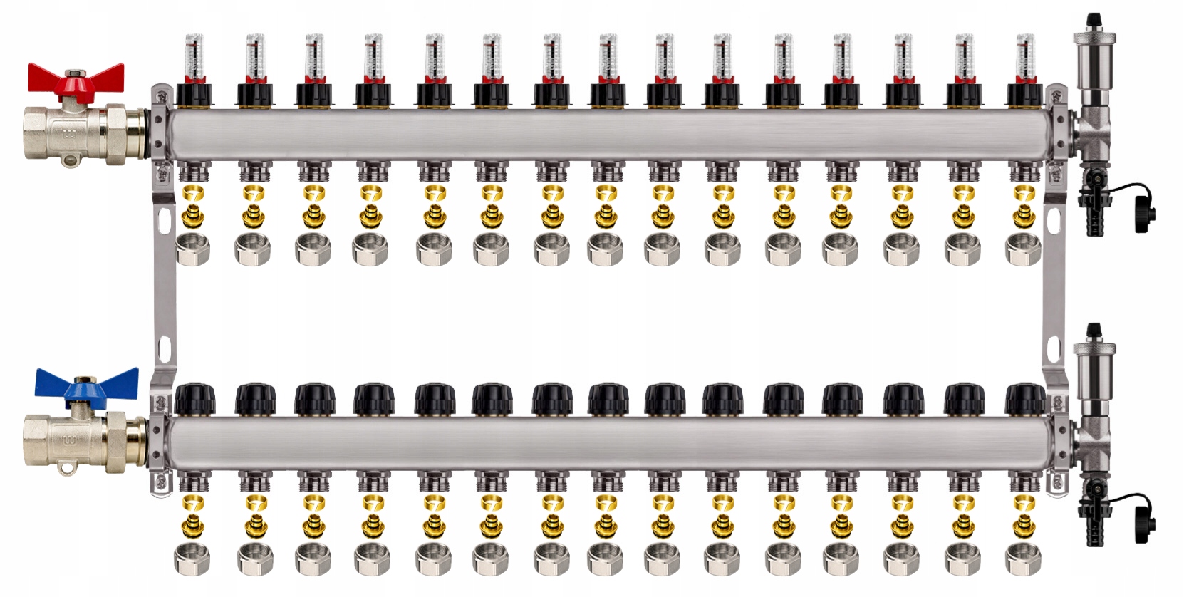 Rozdělovač Pro Podlahovku 15 Nerezových Okruhů Rovný Ventil Pexové Spojky