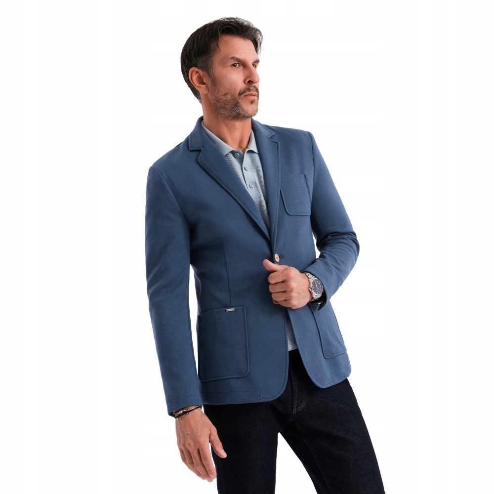 Pánská sako Slim z úpletu tmavě modrá V6 OM-BLZB-0101 vel. XL