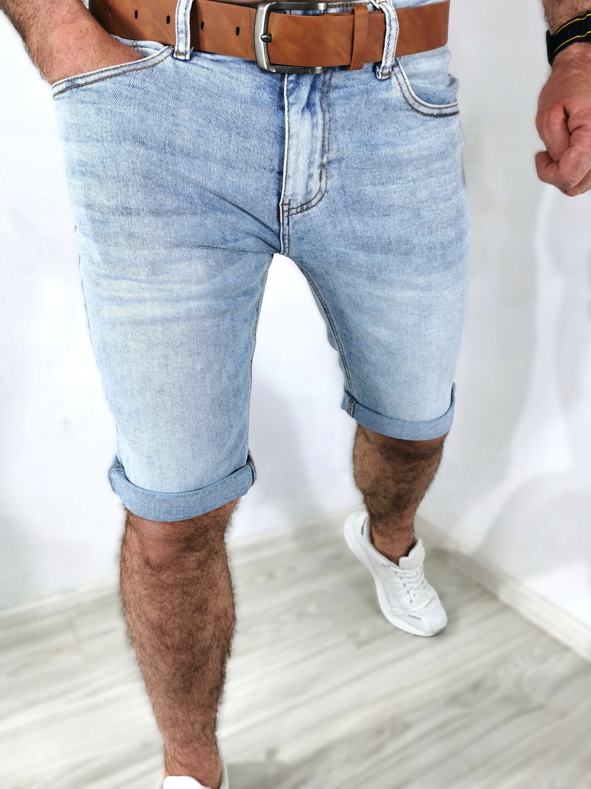 Krátké kraťasy pánské džíny světlé hladké Pásek M 34