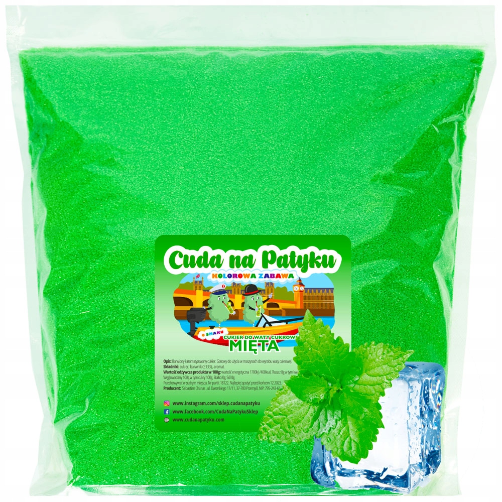 Kolorowy Cukier Do Waty Cukrowej do Maszyny Smakowy MIĘTOWY Mięta 500g