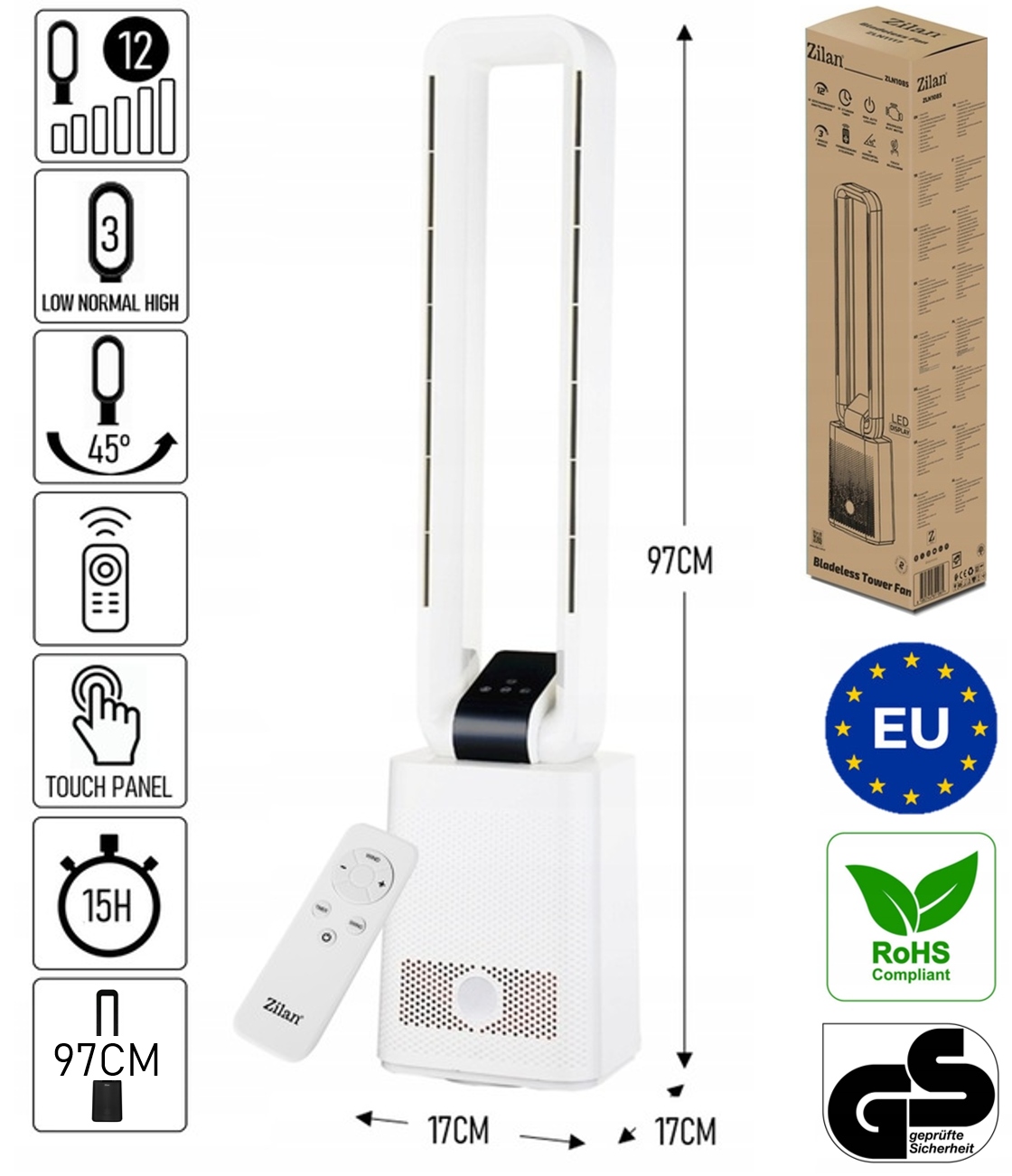 WENTYLATOR KOLUMNOWY BEZŁOPATKOWY 97CM CICHY PANEL DOTYKOWY + PILOT 50W Sterowanie elektroniczne