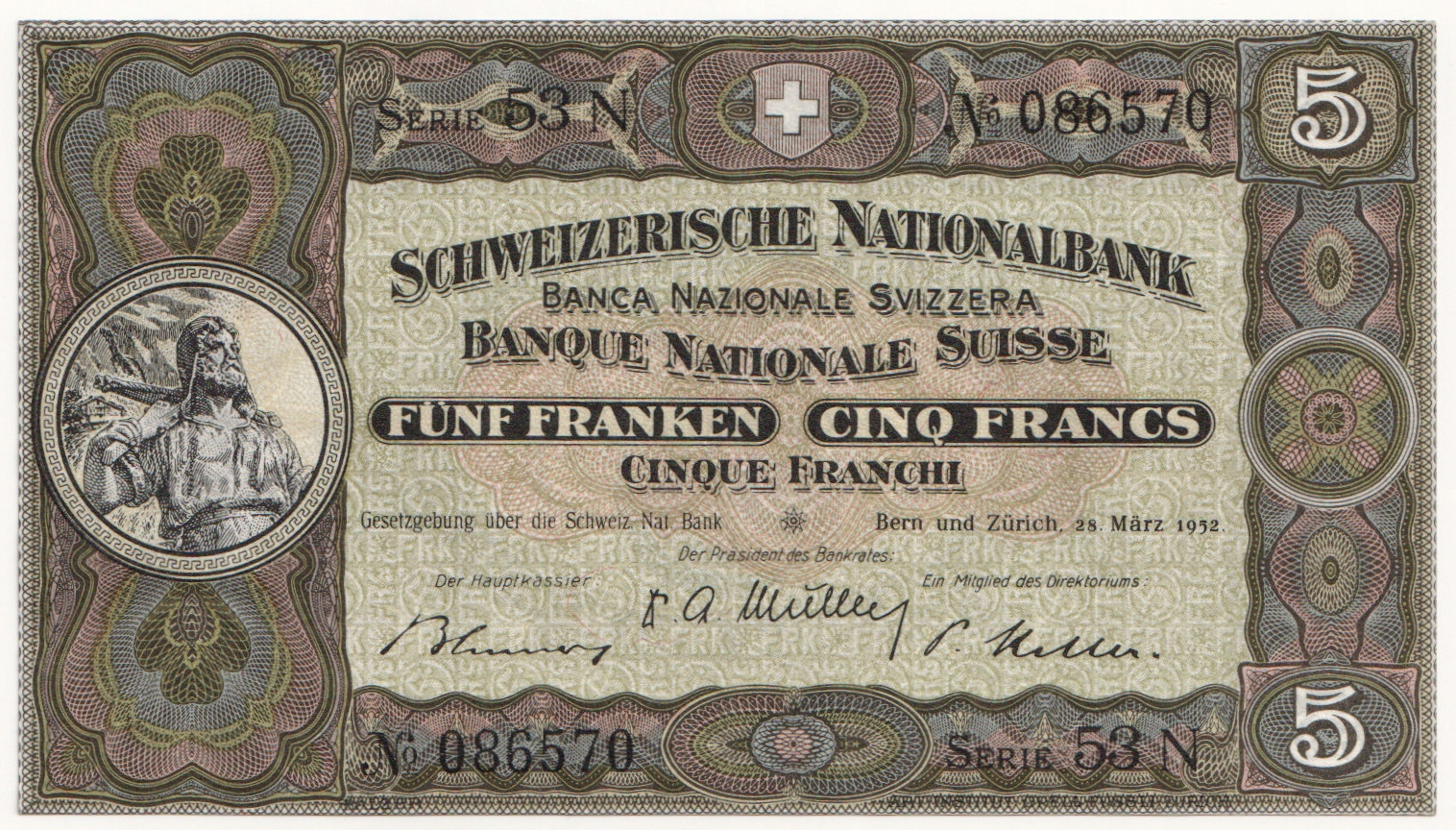15.db.Szwajcaria, 5 Franków 1952, P.11.p, St.1