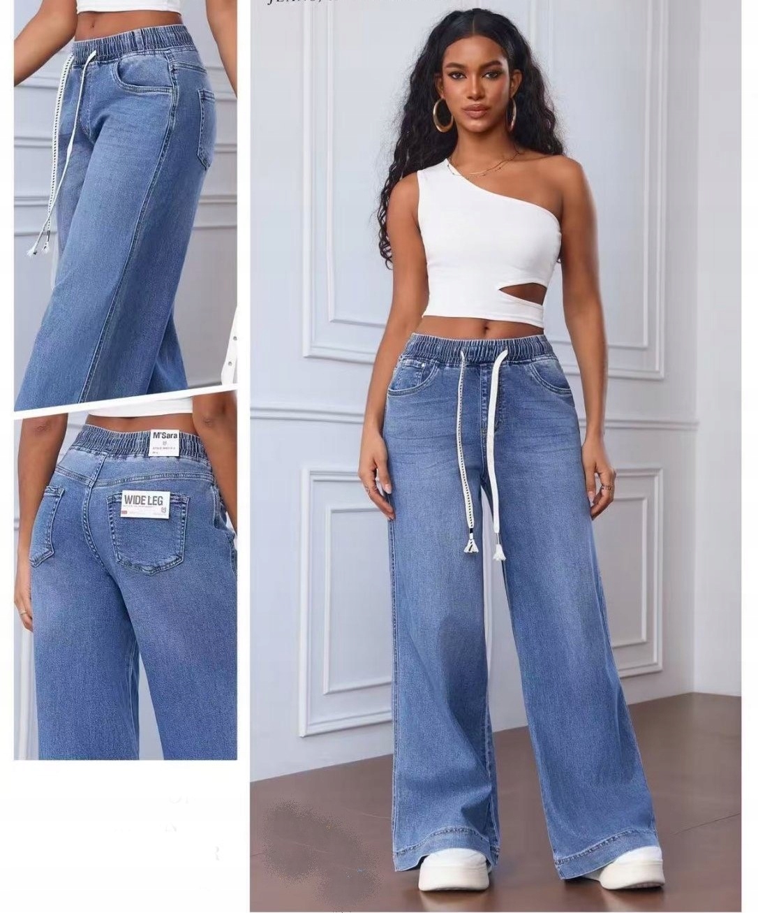 M.sara Dámské Džíny Široké Nohavice Švédské Wide Leg Gumička 42 XL