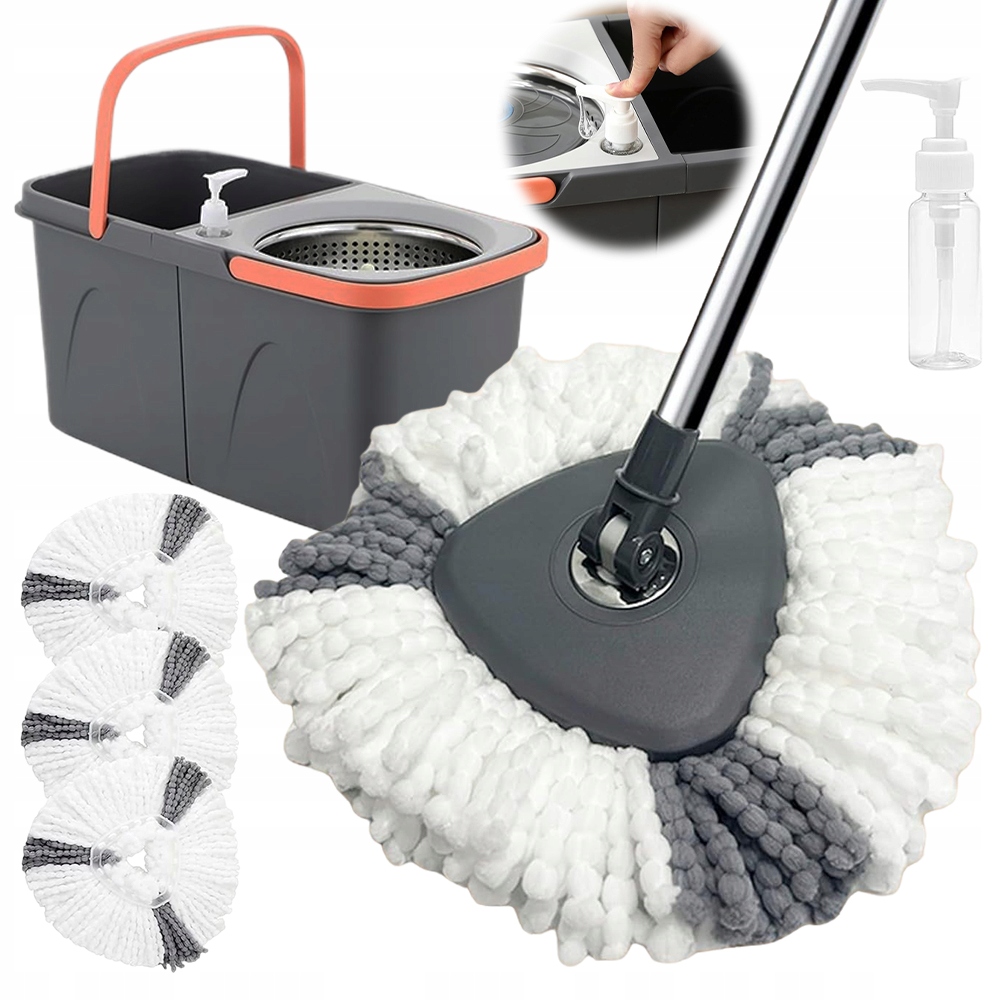 Levně Rotační Mop 2V1 S Dvoukomorovým Kbelíkem, 3 Vložky, Ocelová Rukojeť