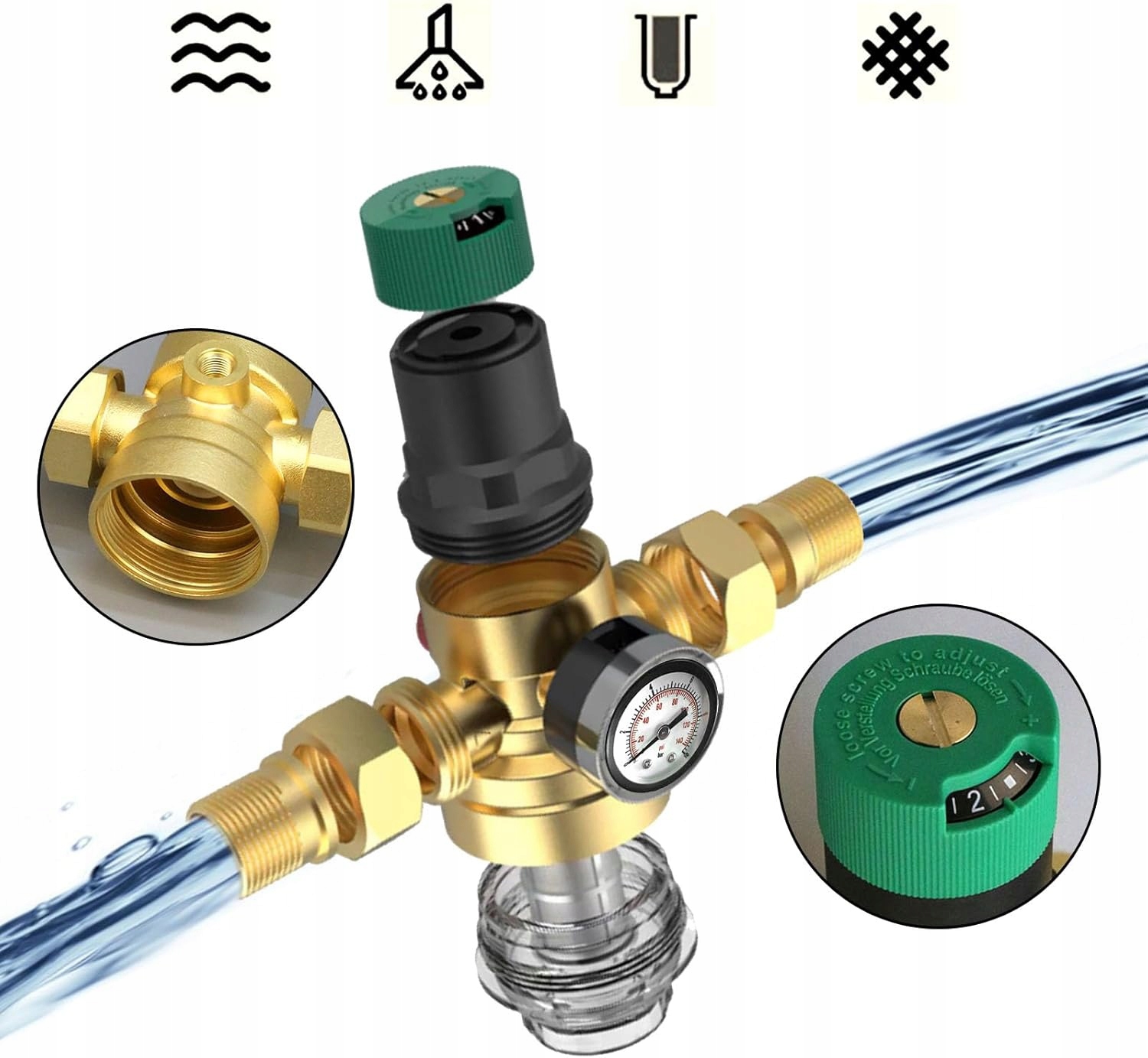 Mosazný Reduktor Tlaku Vody 1" DN25 3/4" DN20 S Filtrem A Manometrem