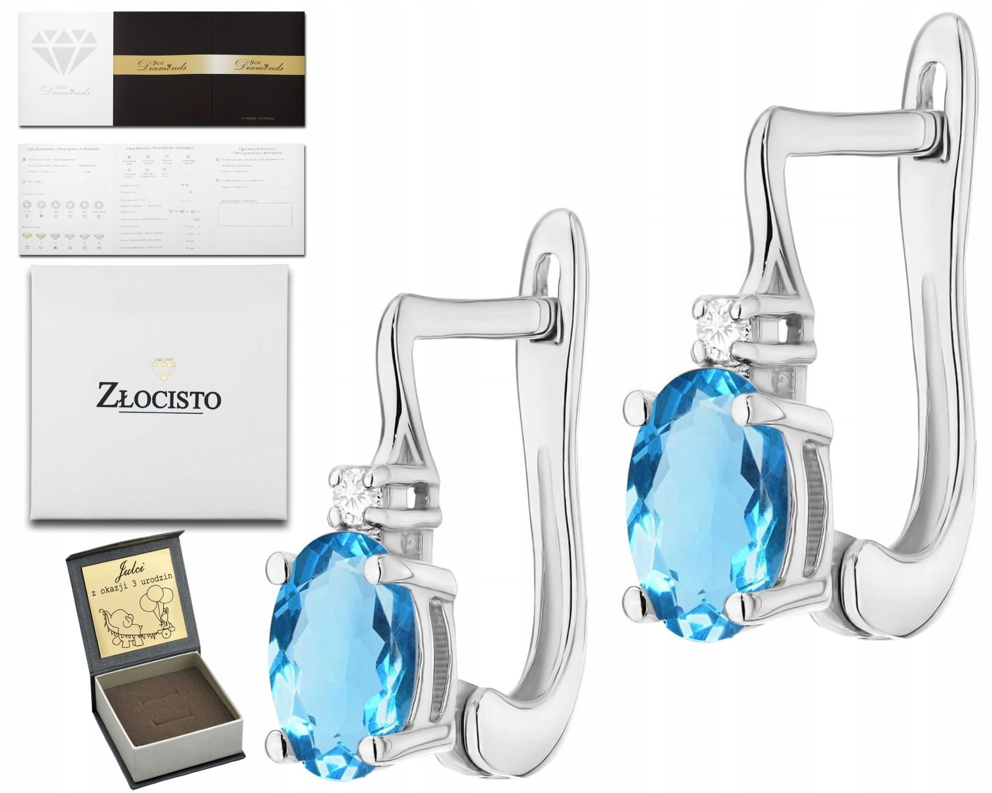 Náušnice Z Bílého Zlata S Diamantem A Přírodním Kamenem Topaz Zlato 585