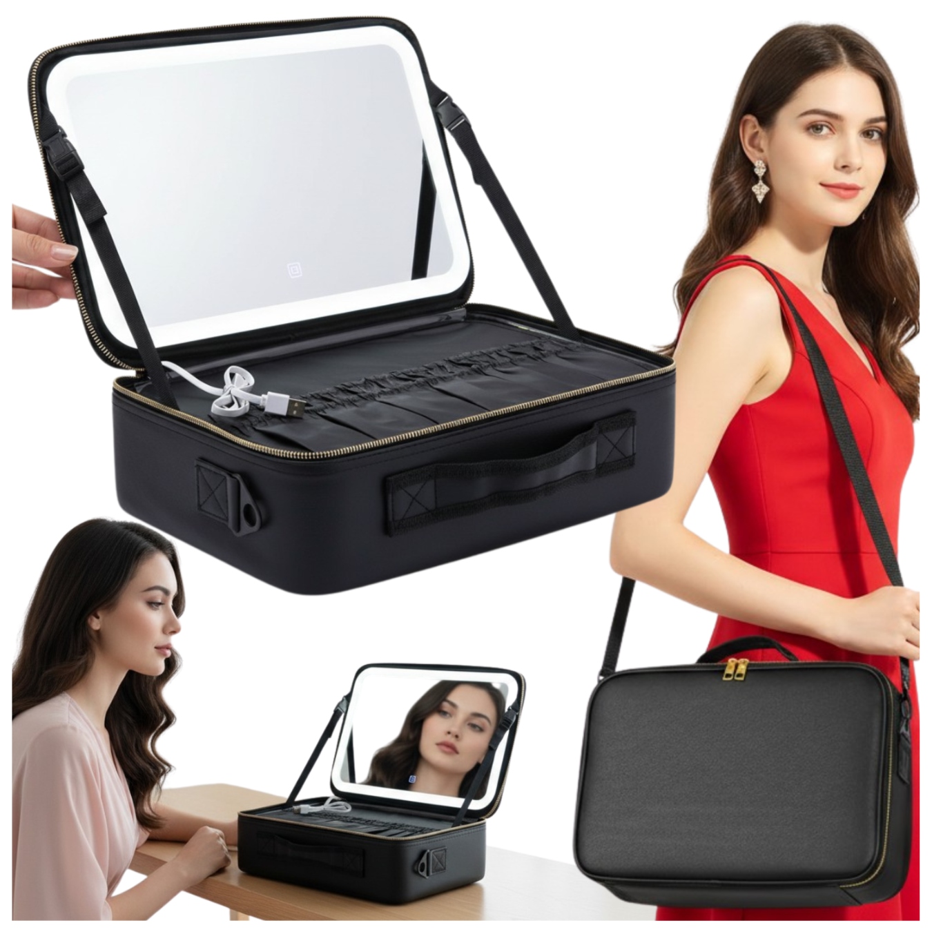 Kufřík s Led podsvícením zrcátka na kosmetiku, kosmetická taška, velká, velikost XL