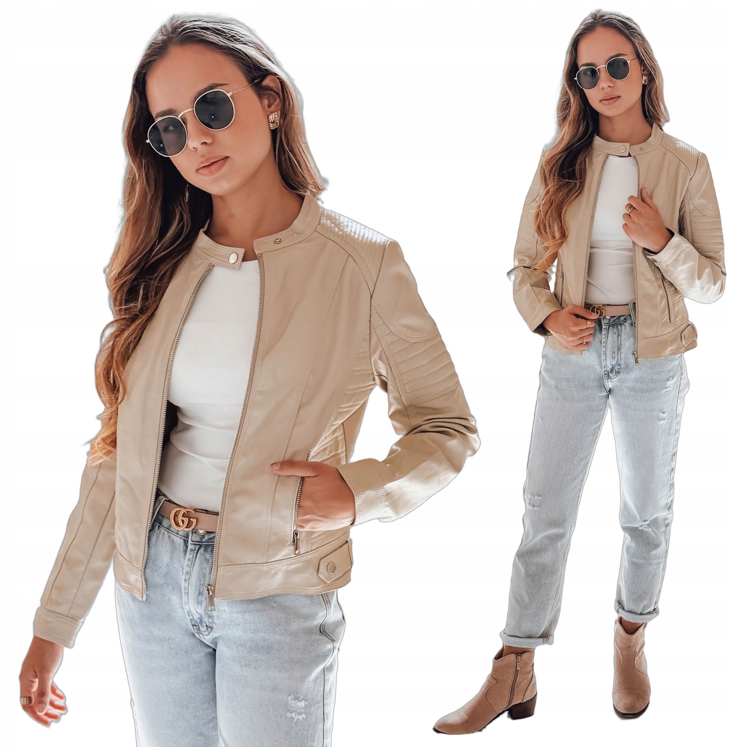 Kurtka damska motocyklowa skórzana ze stójką beżowa TY5215 L