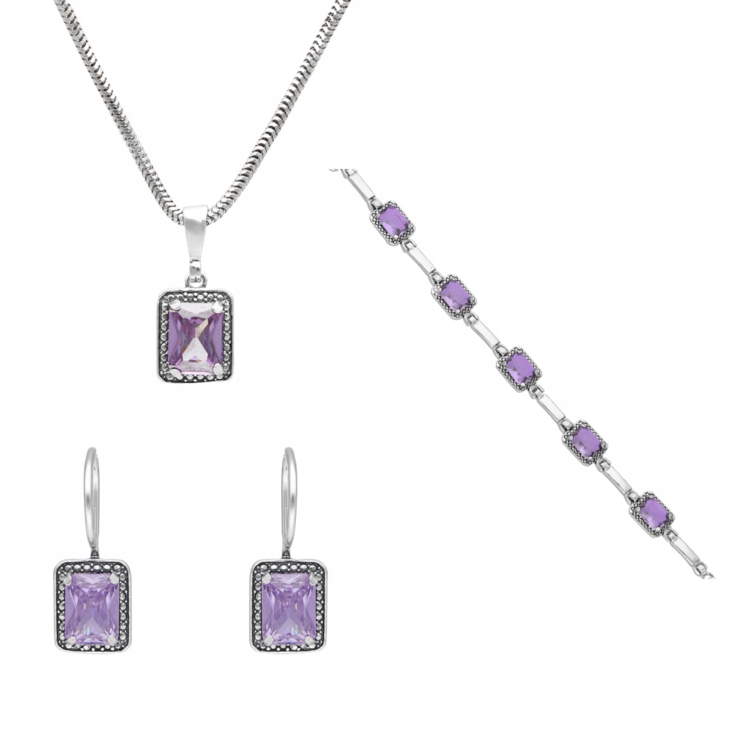 Komplet s obdélníkovými fialovými zirkony stříbro