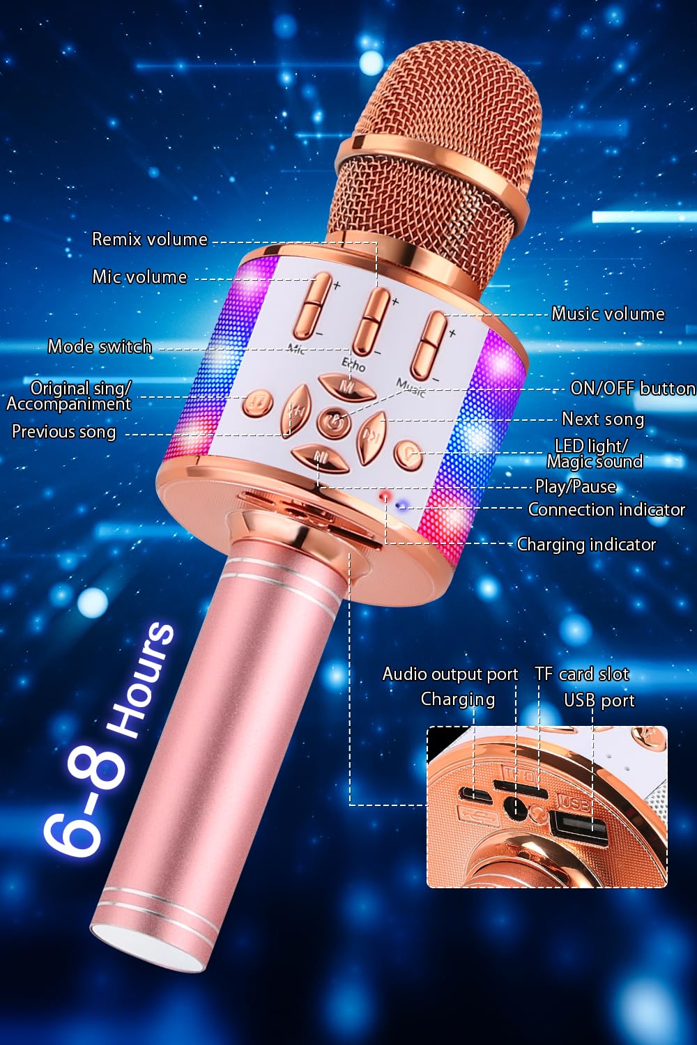 BONAOK Bezprzewodowy Karaoke Mikrofon Głośnik LED Dla Dzieci iOS Android — miniatura 6