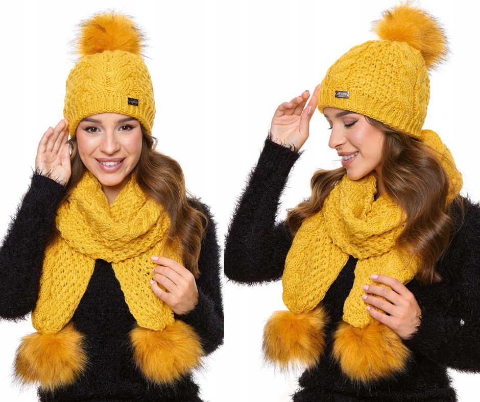 Dámský komplet čepice s bambulí a zimní šálou, šála polský