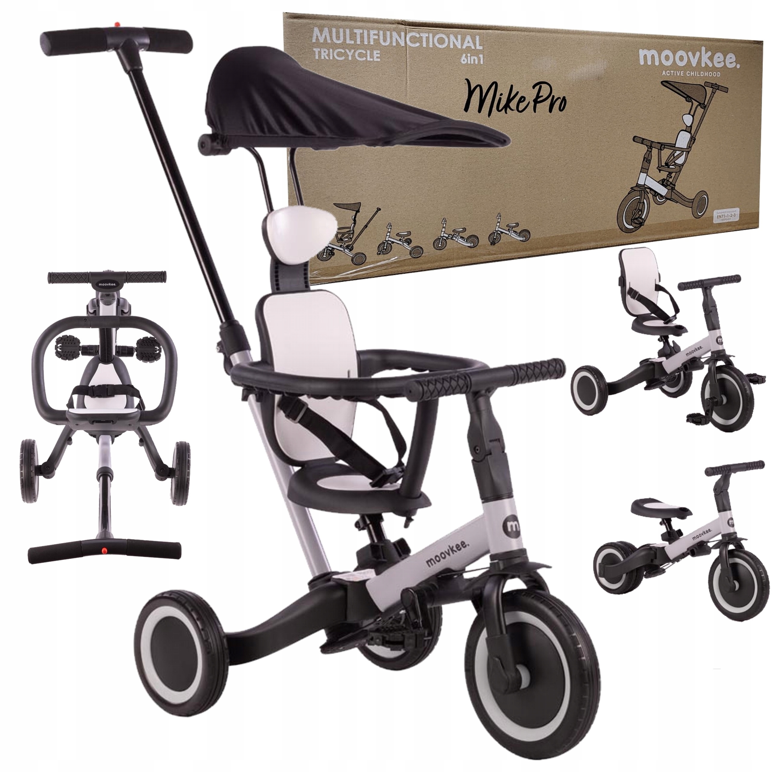 Rowerek trójkołowy Moovkee Mike Pro 6w1 Cool Grey z barierką i daszkiem