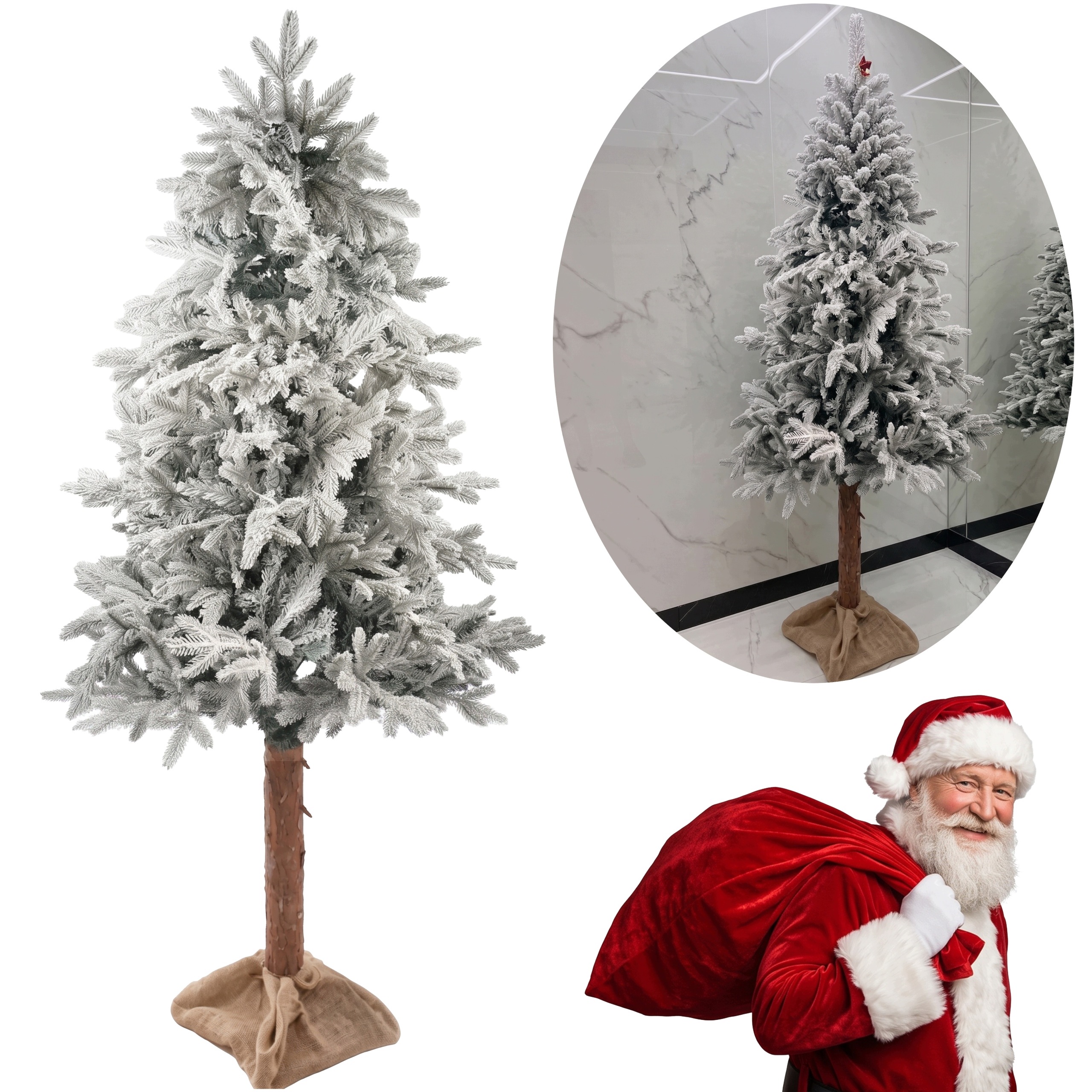 Bílý hustý vánoční stromek s umělým Pe námrazou, 220 cm, zasněžený na kmeni