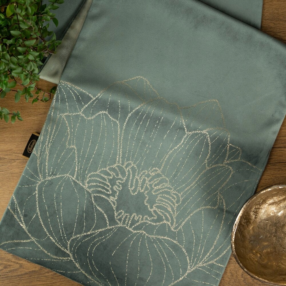 Bieżnik welwetowy 35X180 c. miętowy w duży złoty kwiat Długość 180 cm