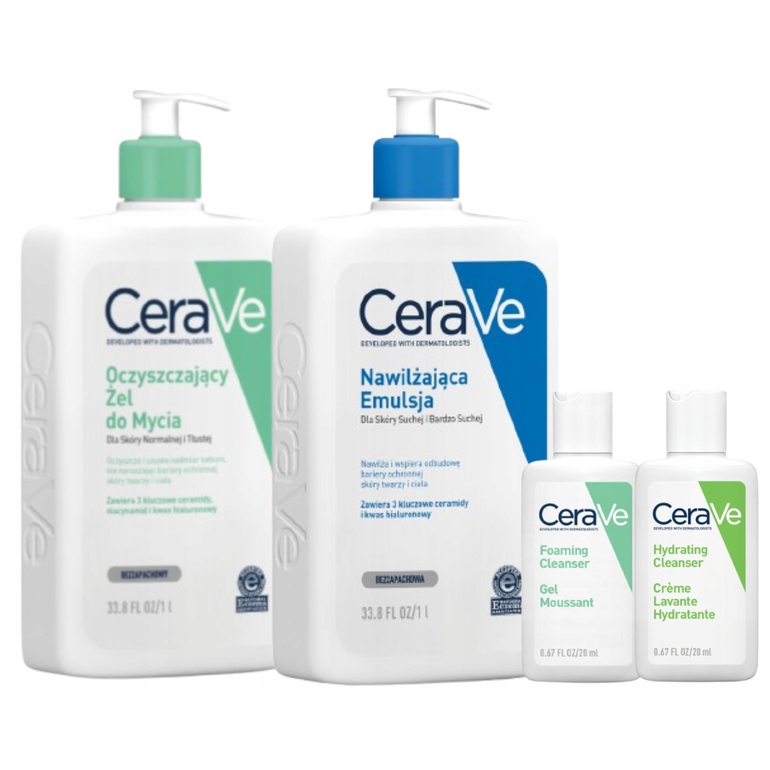 CeraVe Oczyszczający Żel do Mycia, Emulsja Nawilżająca do Ciała 1L