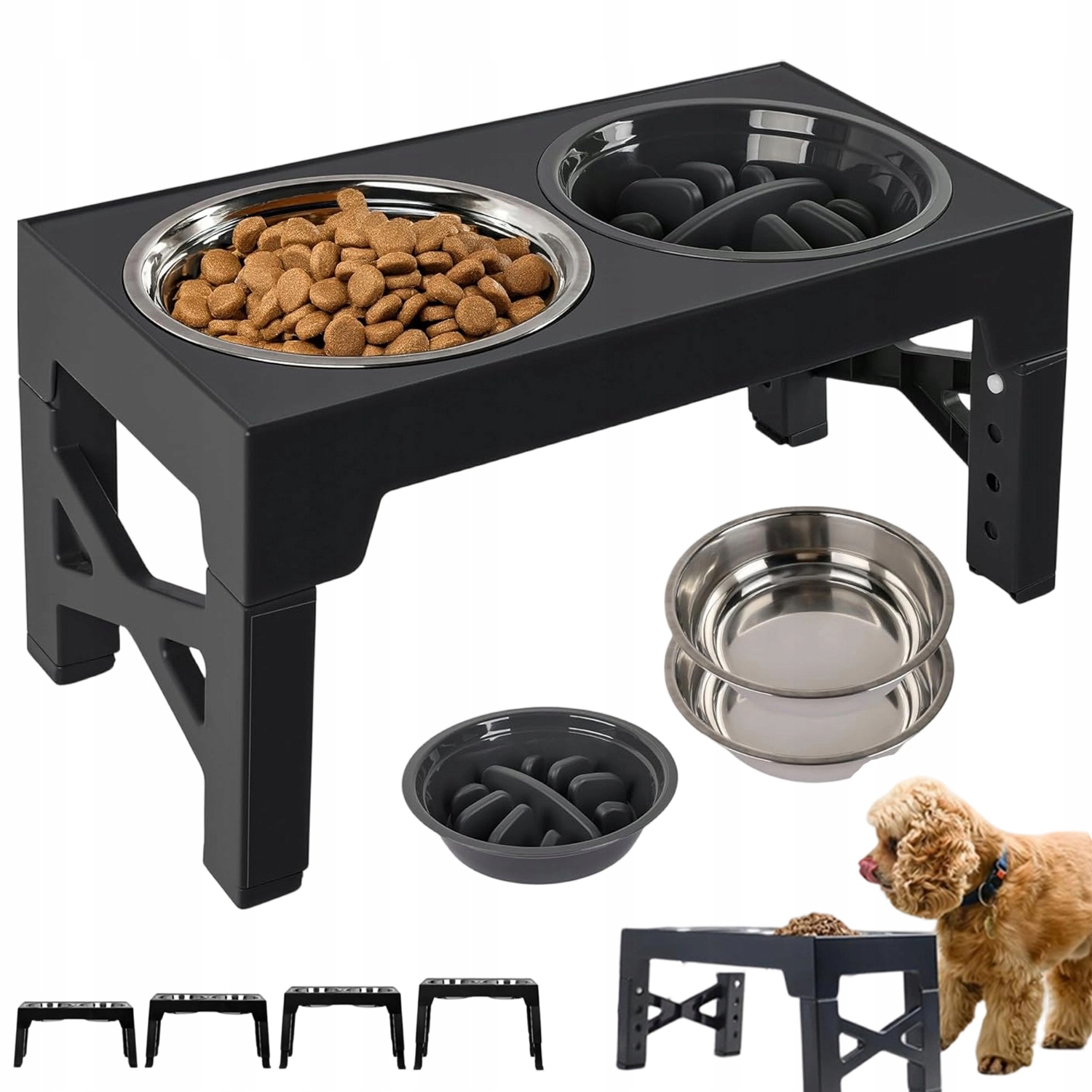 Levně Všestranný Vysoký Stojan Na Krmení Psů Se Dvěma Nerezovými Miskami