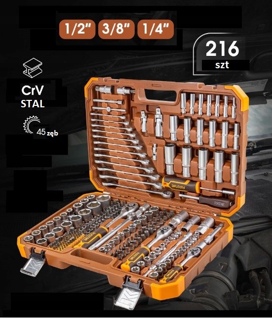 Sada Kľúčov 216 ks 1/4" 3/8" 1/2" CrV v kufríku