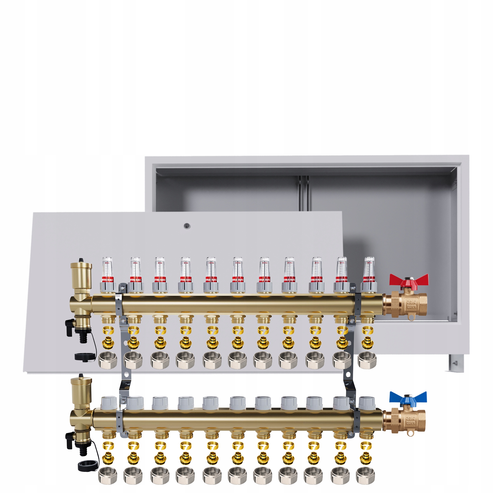 Rozdělovač podlahový mosazný 11 okruhů Podomítková skříň Ventily Pex