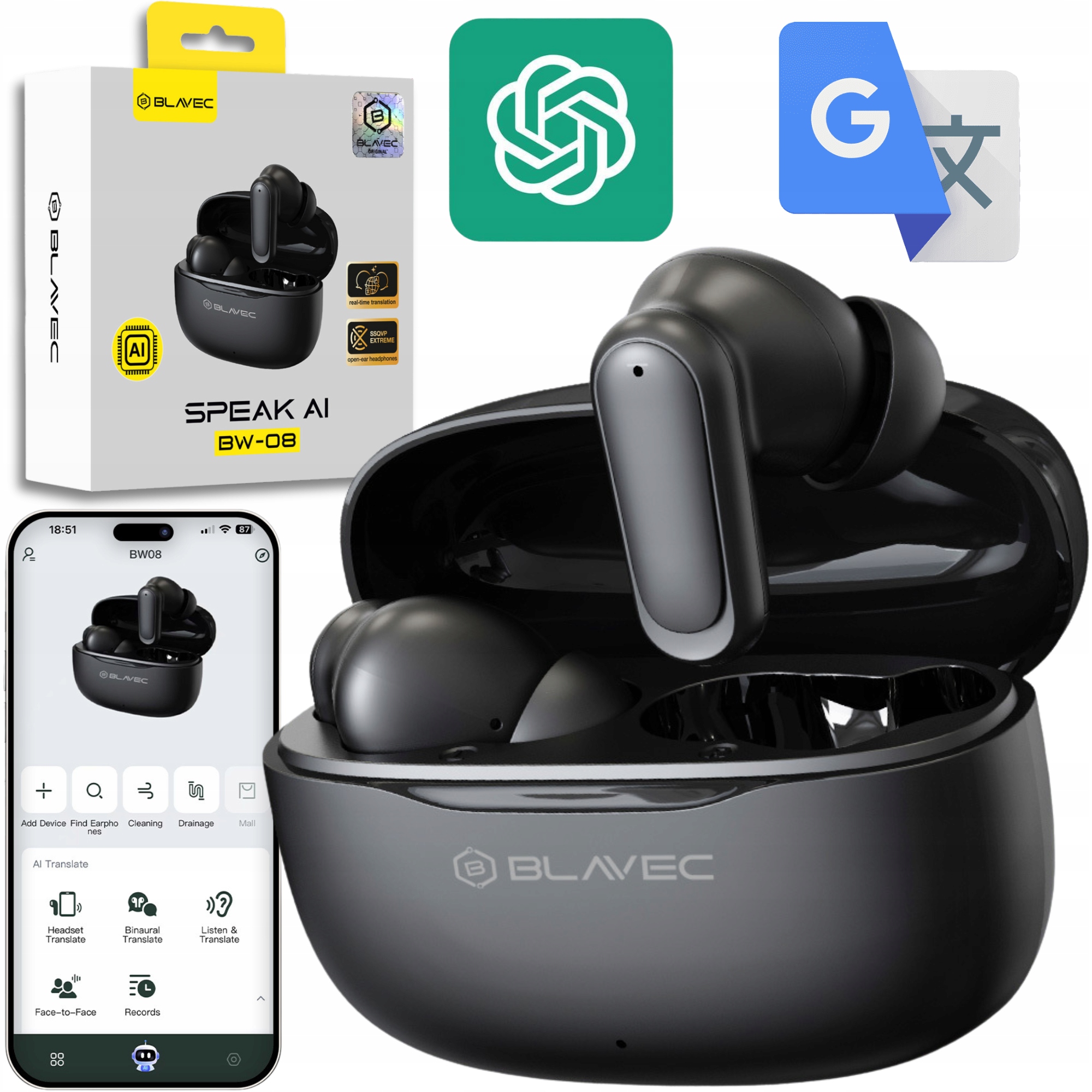 Słuchawki Bezprzewodowe Douszne Bluetooth TWS z Tłumaczeniem Rozmów AI