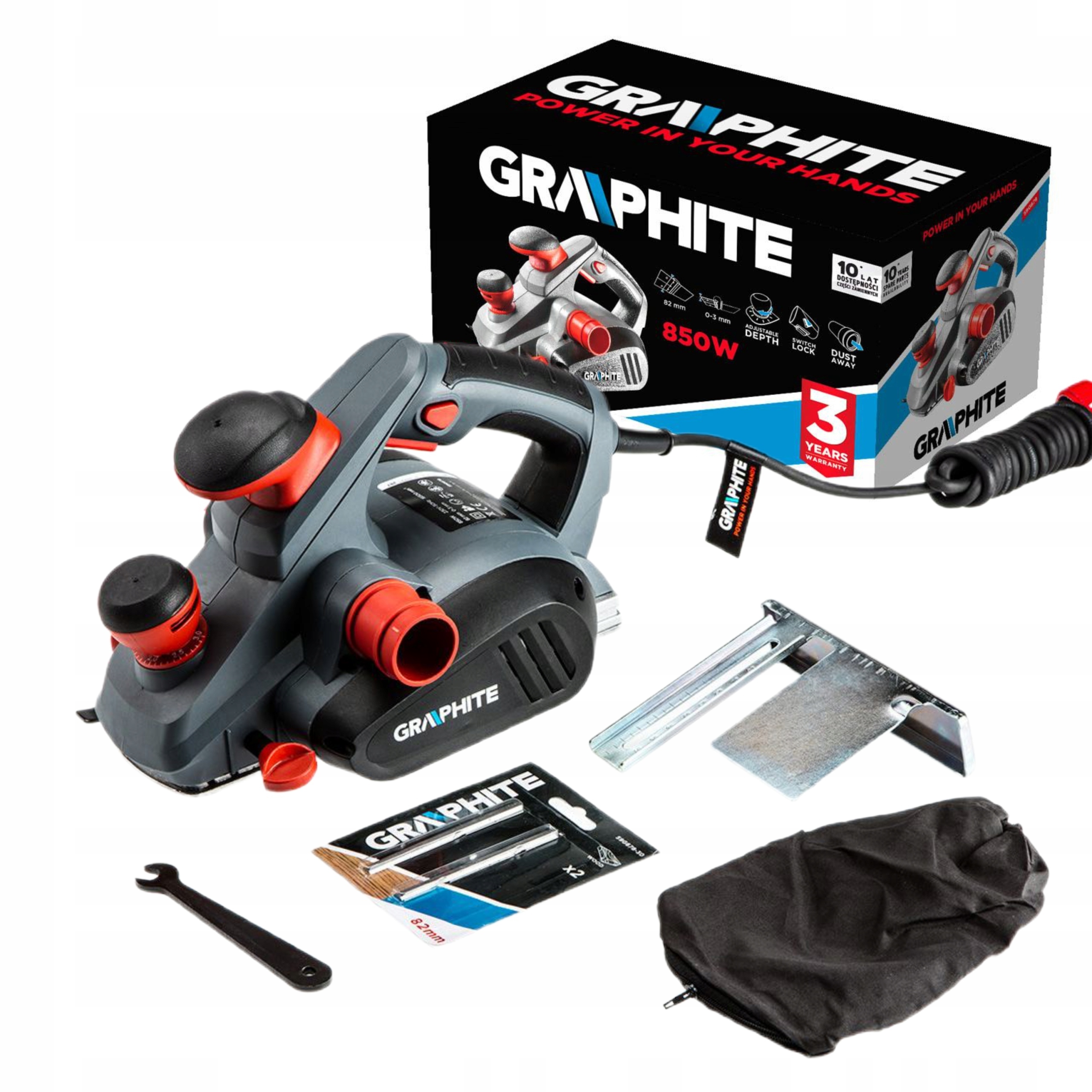 Graphite Elektrický Hoblík Hebel Strugarka 59G678 850W Nože Sáček 82 mm