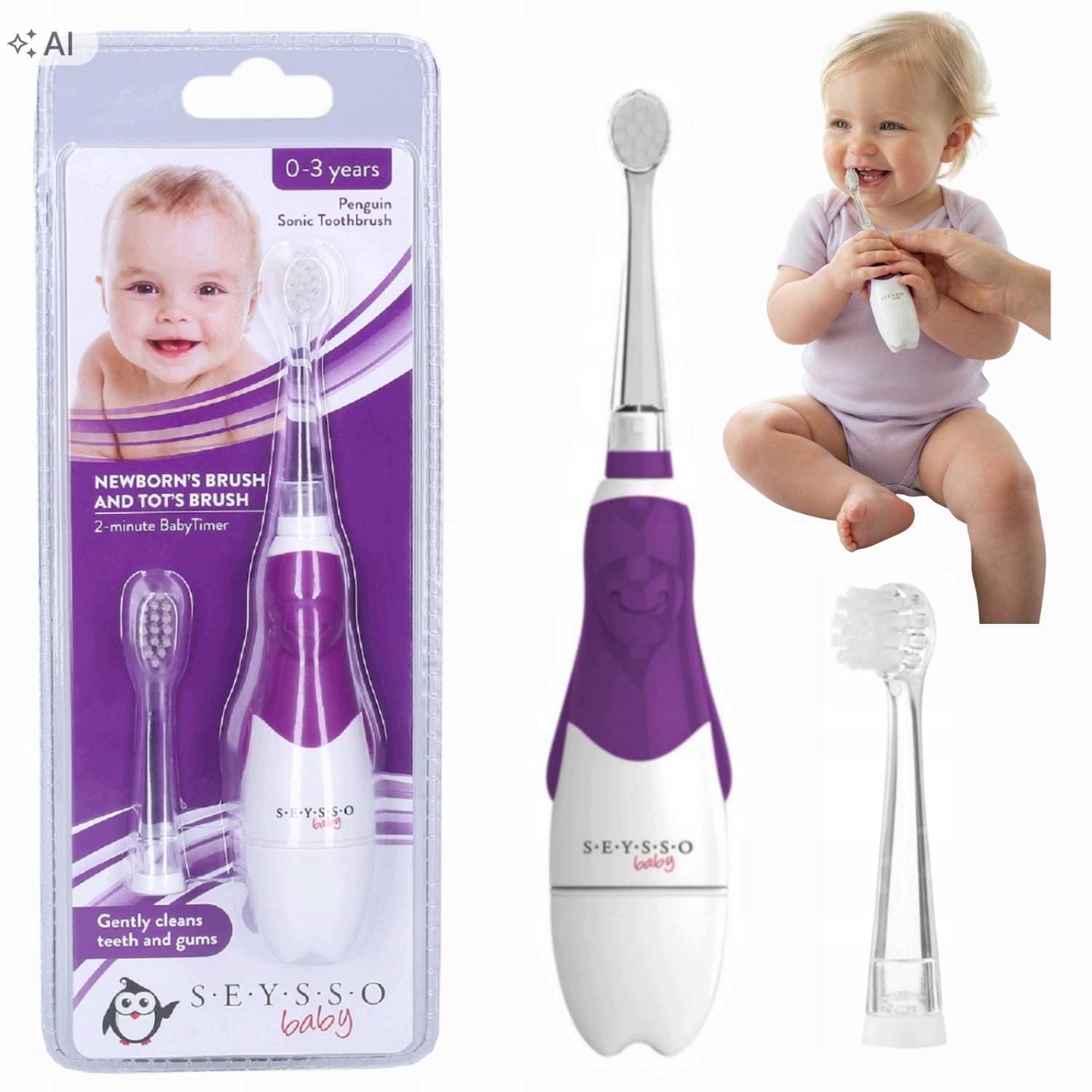 Szczoteczka Soniczna Dla Dzieci Seysso Baby Penguin 2 Końcówki 0-3 Lata