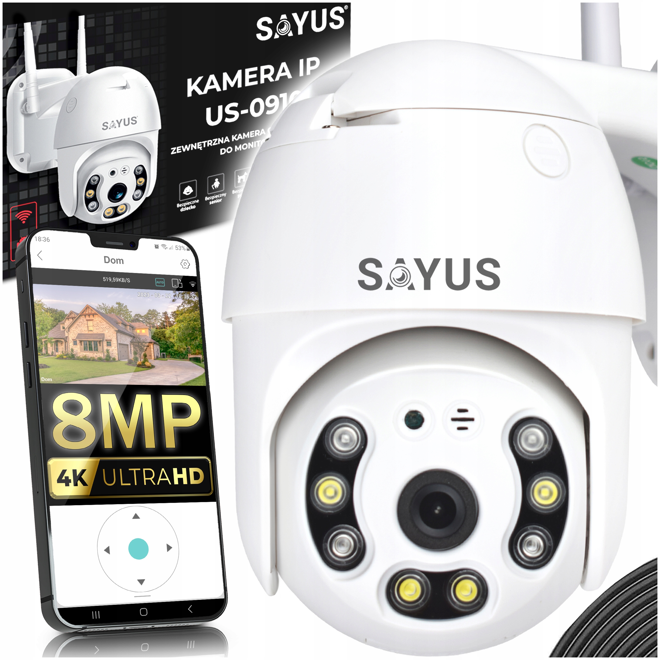 Otočná Venkovní Kamera 8MPx 4K Ultra Hd Ip WiFi 6xZOOM Detekce 8MP