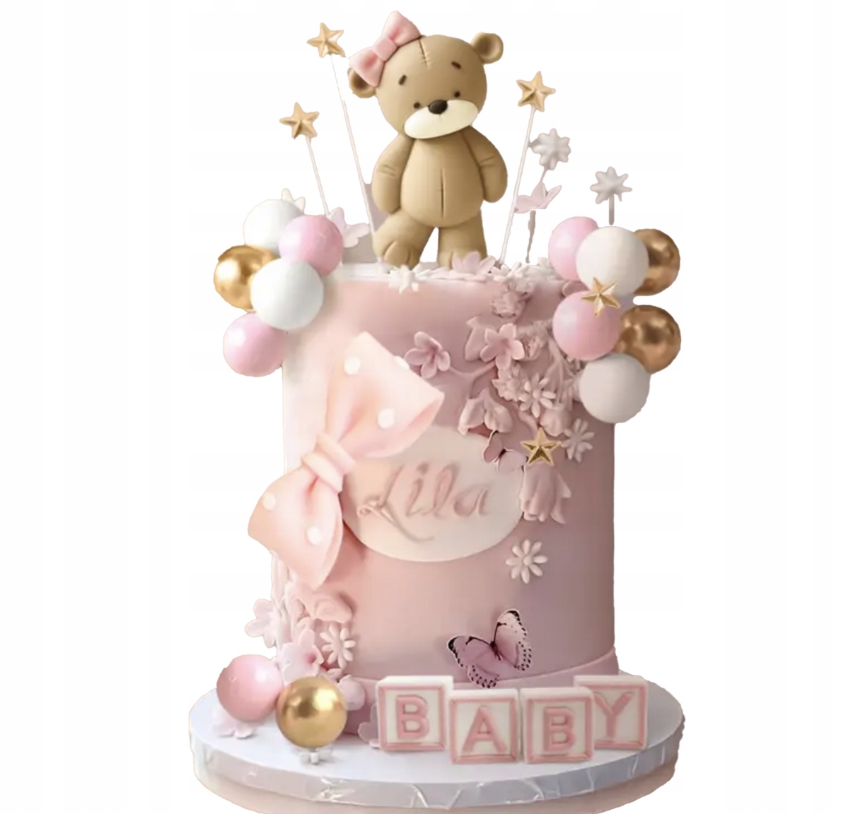 3D sada dekorací na dort Mis s růžovou mašlí figurky Baby Roček