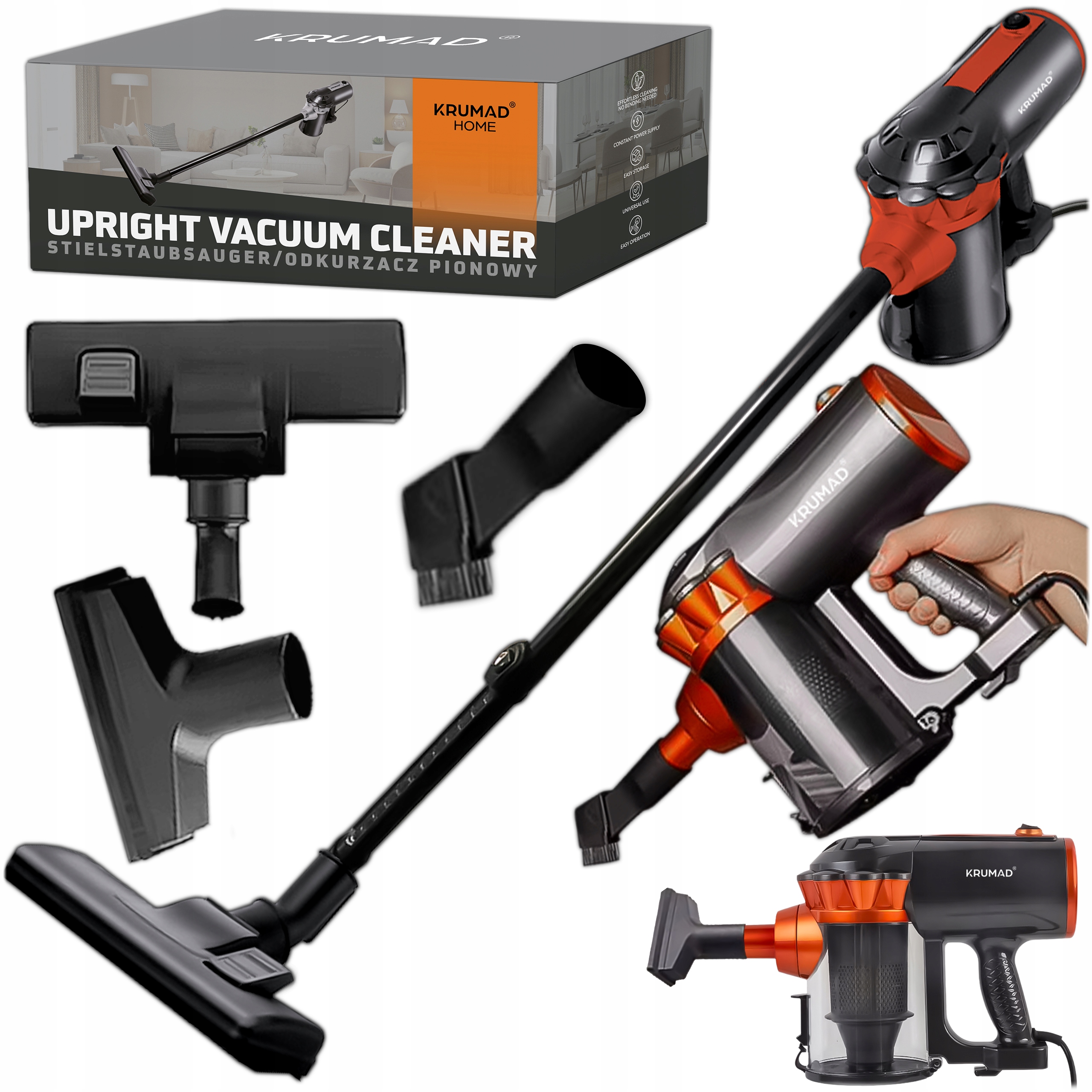 Odkurzacz Ręczny Pionowy Cyklonowy Bezworkowy Przewodowy Lekki 600W 5W1