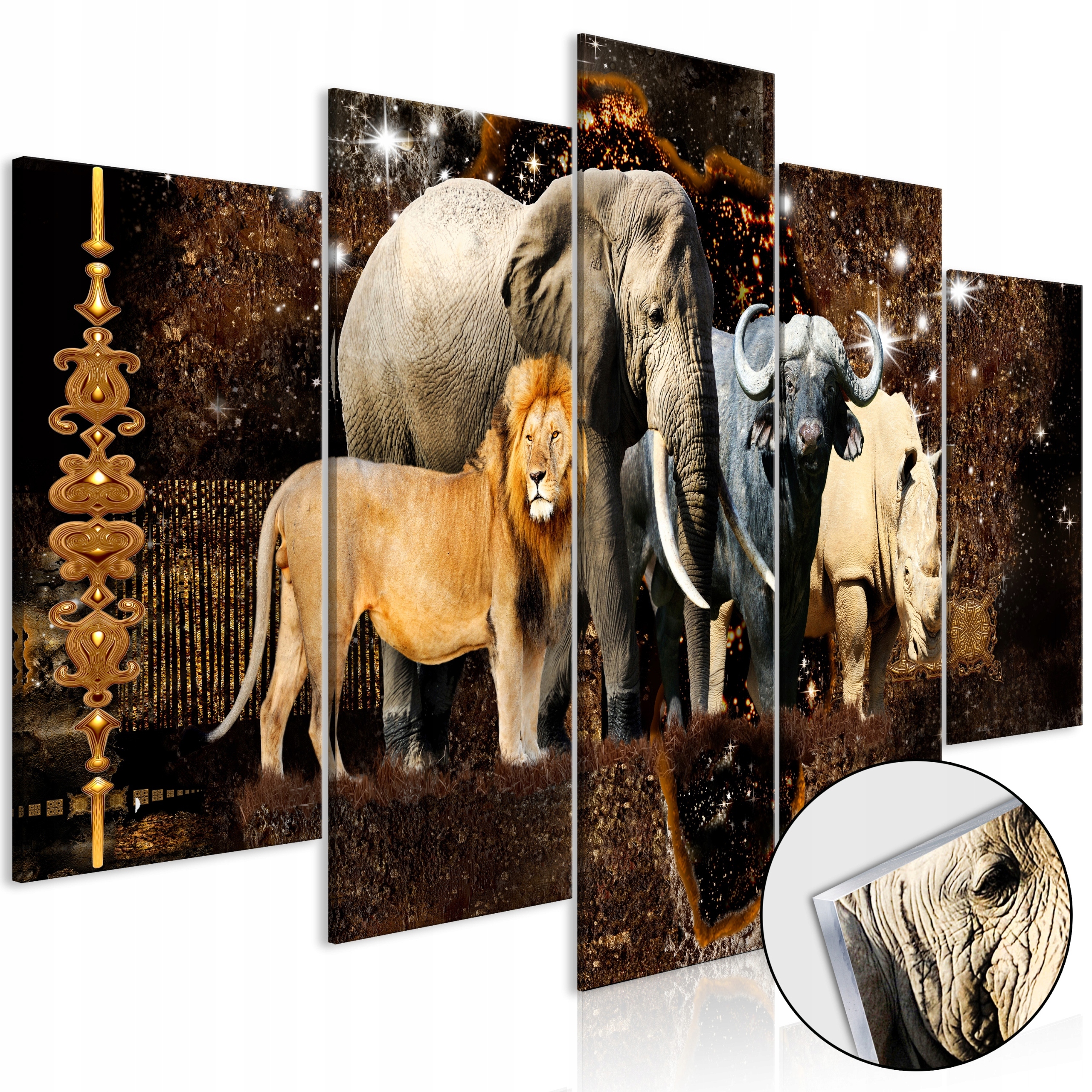 Obraz Na Akrylovém Skle 5 Dílů Triptych Zvířata Afrika Lev Slon 200x100
