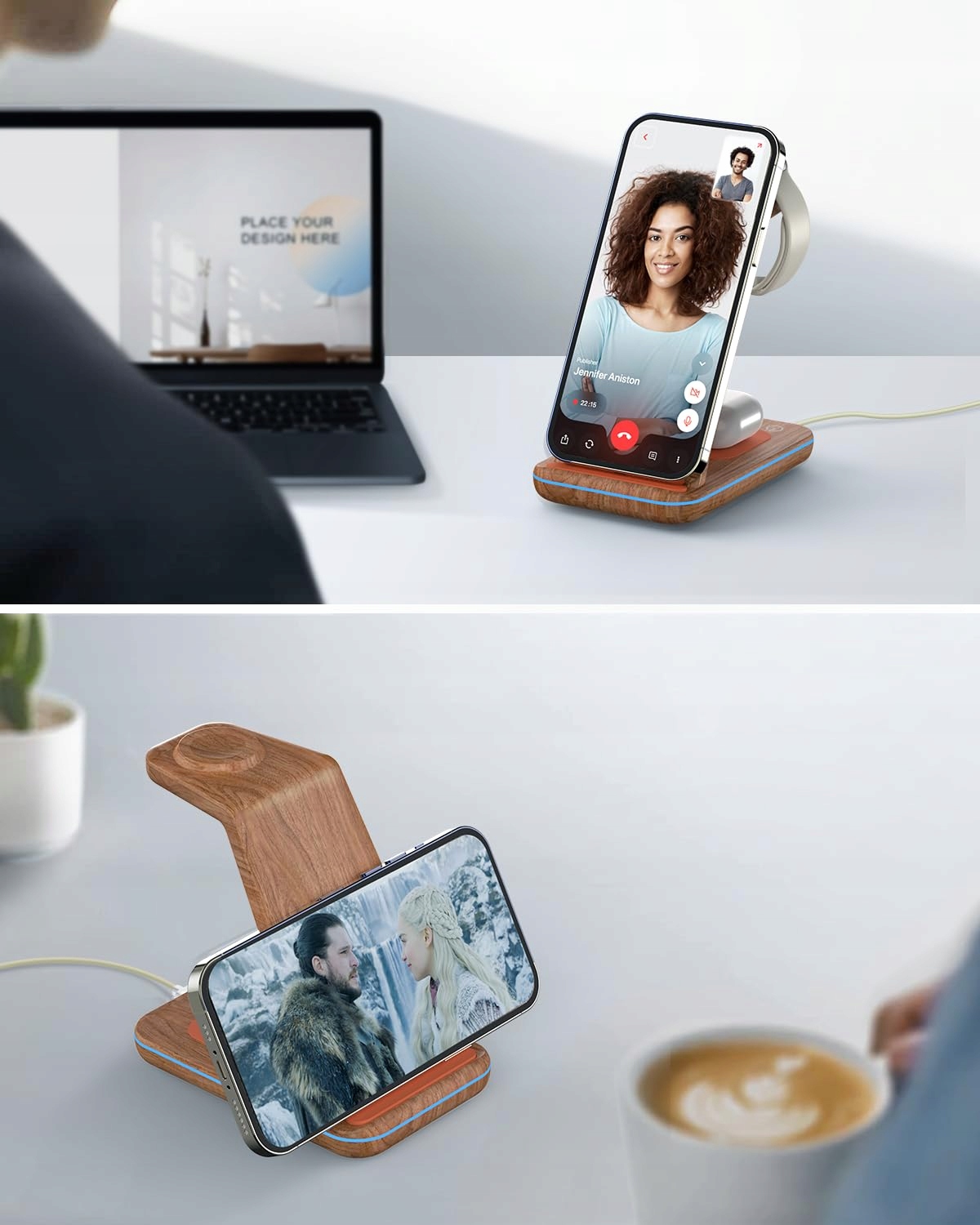 GEEKERA Drewniana Bezprzewodowa Ładowarka 3w1 iPhone Apple Watch AirPods — miniatura 2