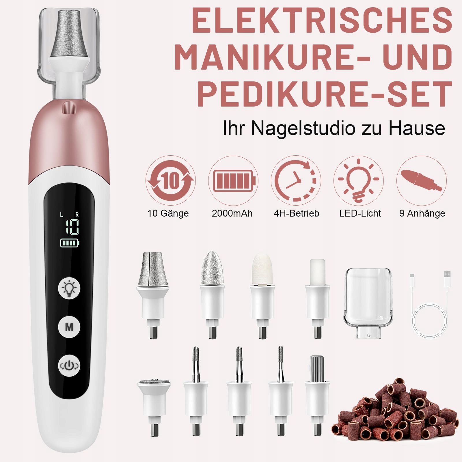 BEAUTYPRO Zestaw Manicure Pedicure Elektryczny Z 9 Końcówkami LED Etui — miniatura 4