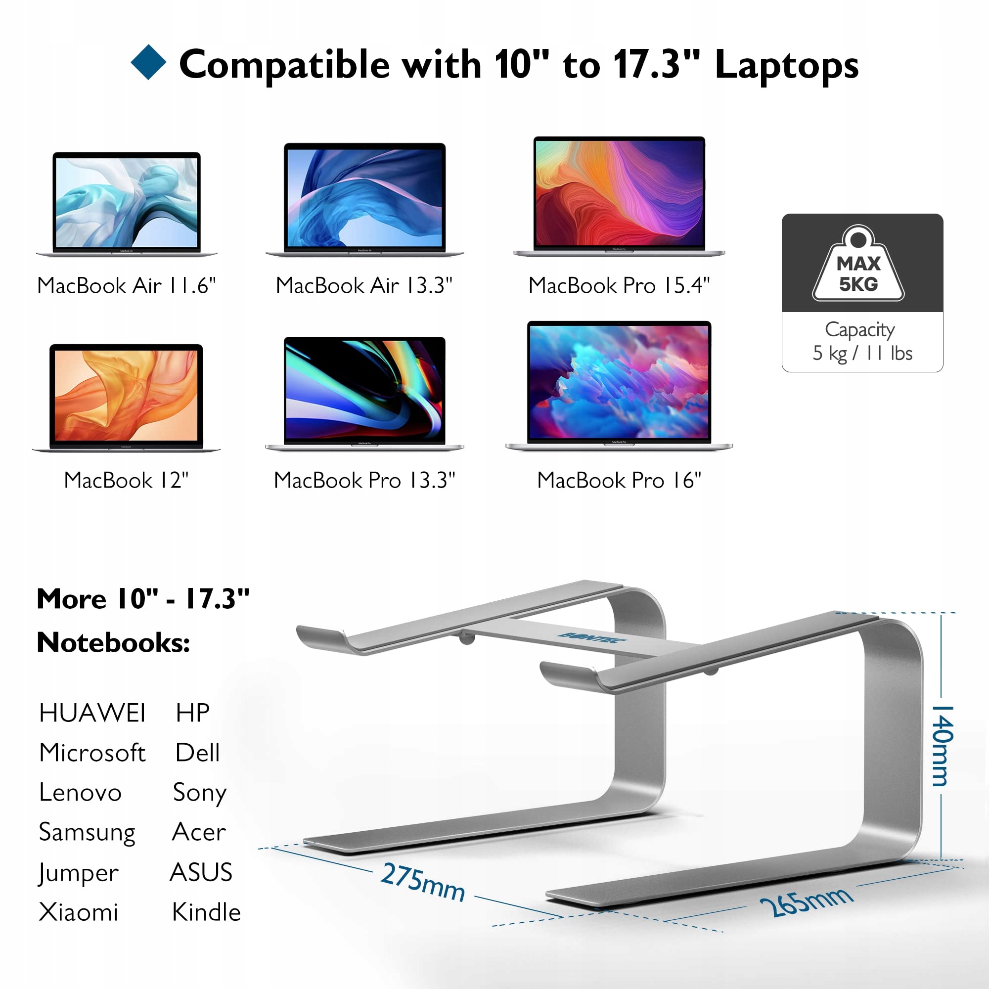 BONTEC STOJAK UCHWYT NA LAPTOP ERGONOMICZNY 10-17 CALI SREBRNY — miniatura 3