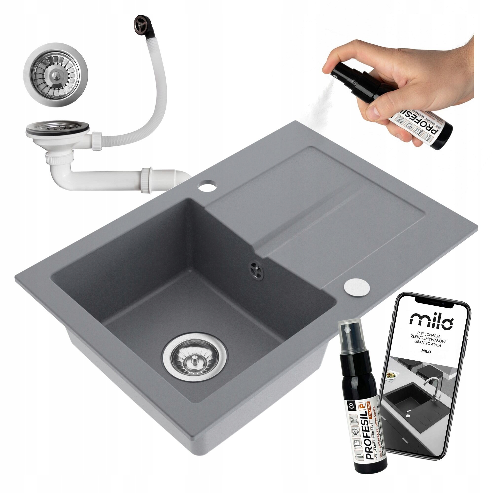 Granitový Jednokomorový Drez Miló First, Sada Sifónov