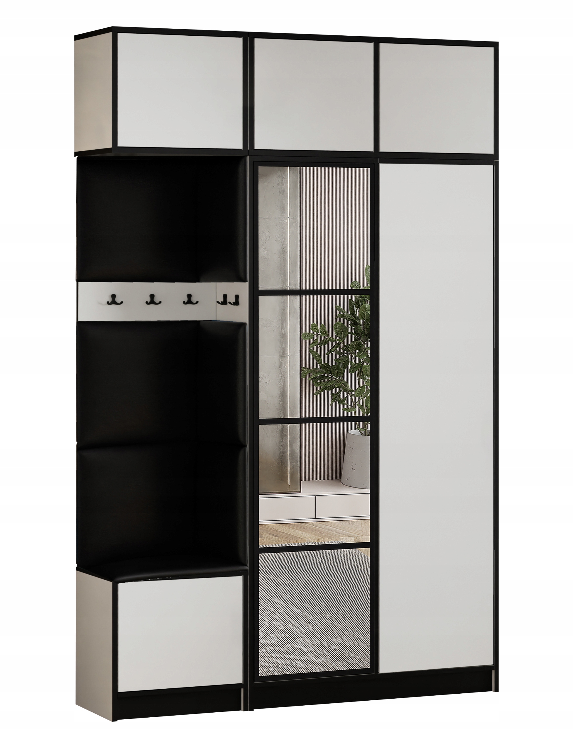 Šatní skříň Costa 13 bílá černá ekokůže, sedák s nástavcem