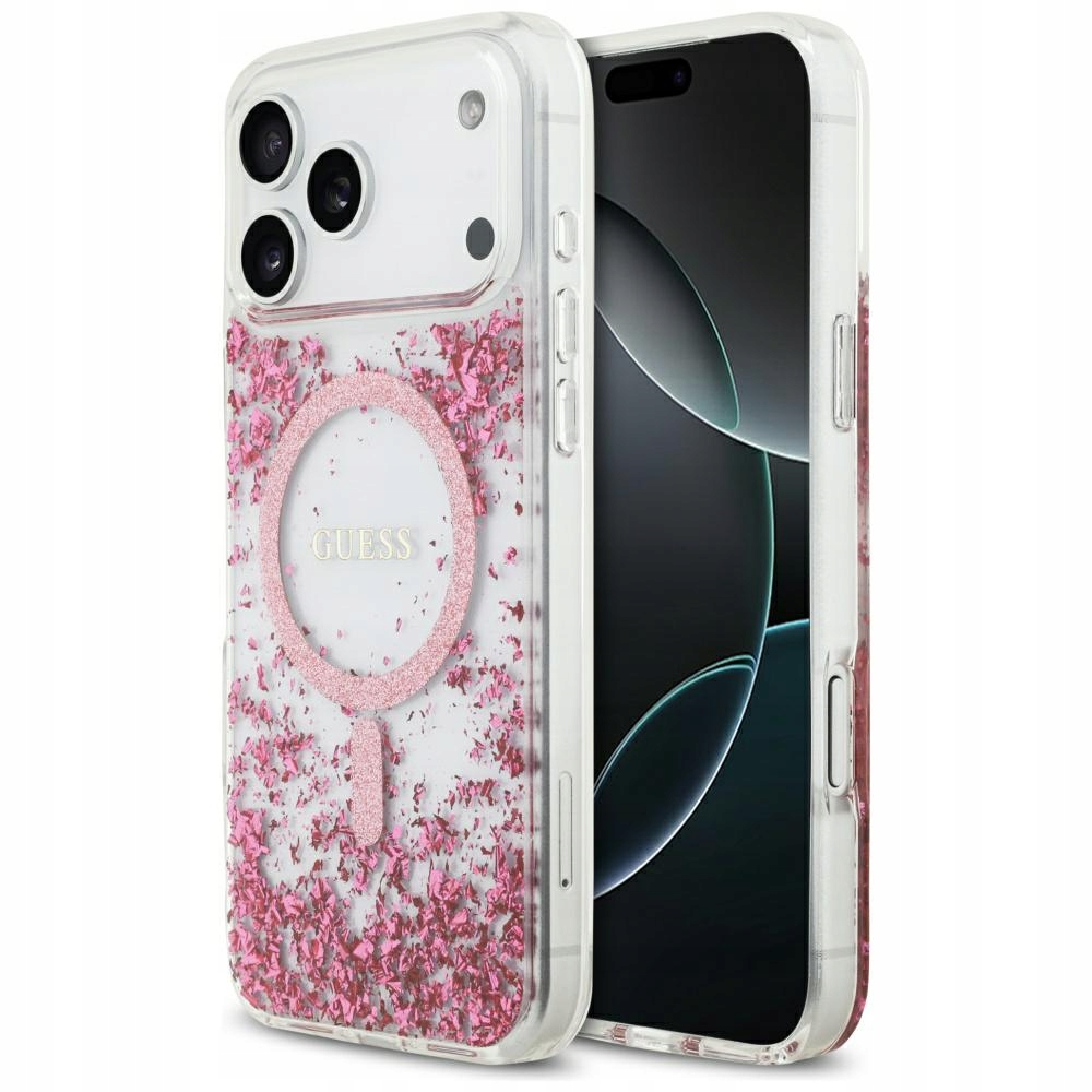 Pouzdro Guess Resin Bottom Glitter MagSafe pro iPhone 17 Pro Max, růžové