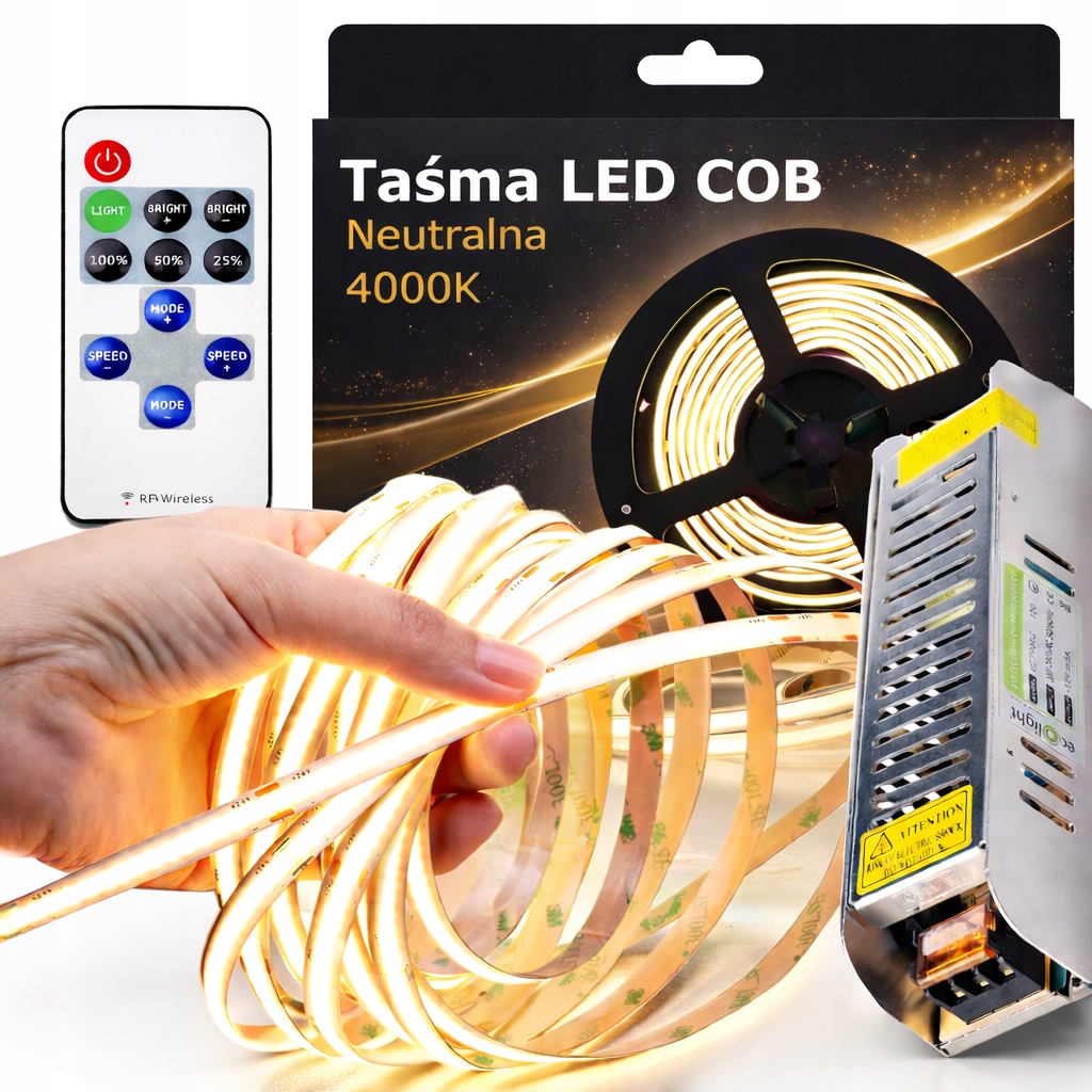 Sada Led pásků Neon Cob 5m 4000K Bílá Neutrální Napájecí Zdroj 60W Dálkový Ovladač