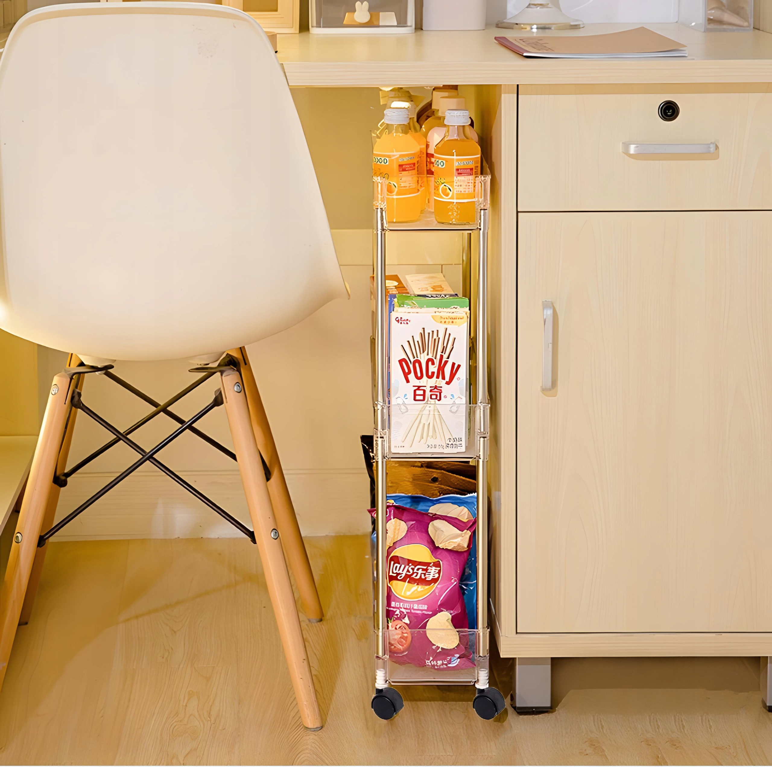 PÓŁKA ŁAZIENKOWA NA KÓŁKACH WĄSKA KUCHENNA SZAFKA ORGANIZER REGAŁ 9cm3PÓŁKI Głębokość mebla 31 cm