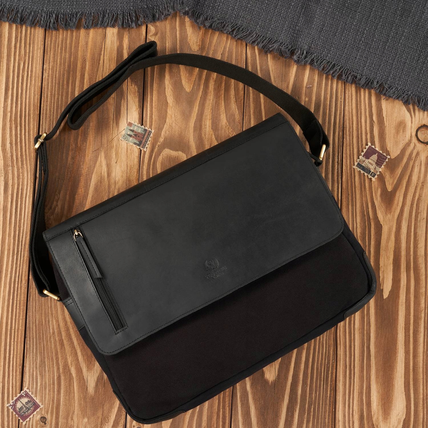 Pánská kožená taška přes rameno+canvas do práce vintage černá Paolo Peruzzi
