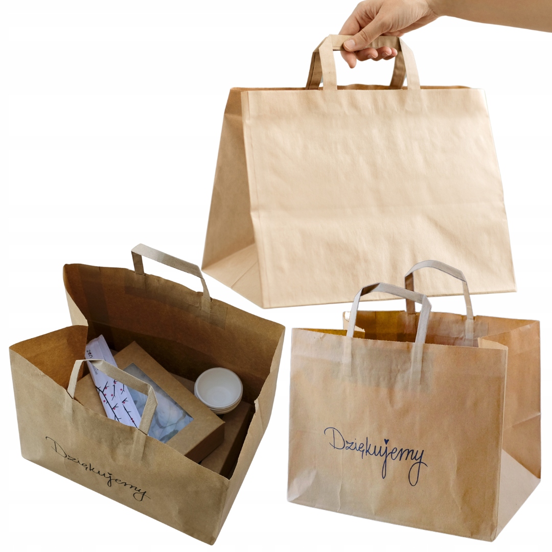 Torba Papierowa 250 sztuk Duża Cateringowa z uchwytem 32x22x25cm Na wynos