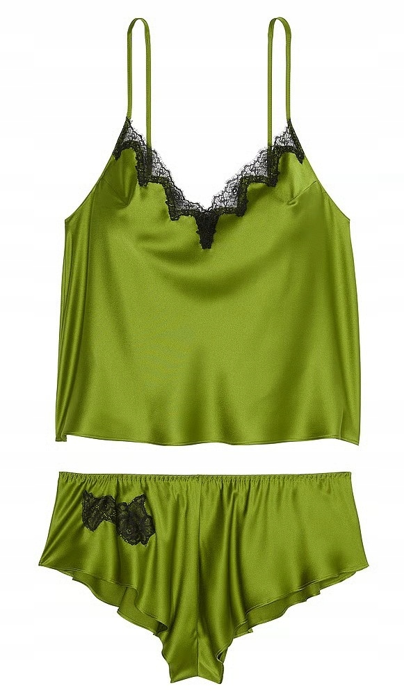 Krátký saténový komplet s krajkou Victoria's Secret zelený S