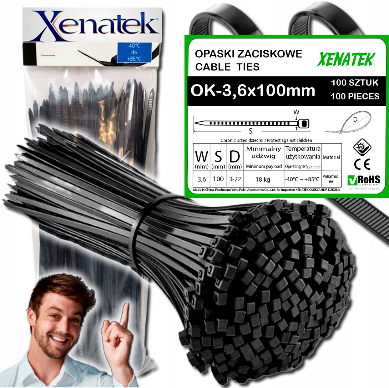 Bardzo Mocne Opaski Zaciskowe 3,6x100mm 100 Szt Czarne Trytytki Kablowe