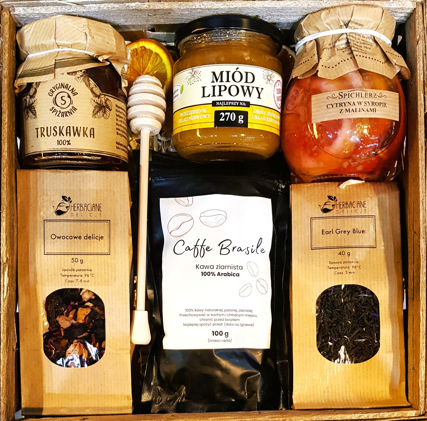 Levně Dárkový koš Dárek Med Čaj Káva Malina K Vánocům Narozeninám