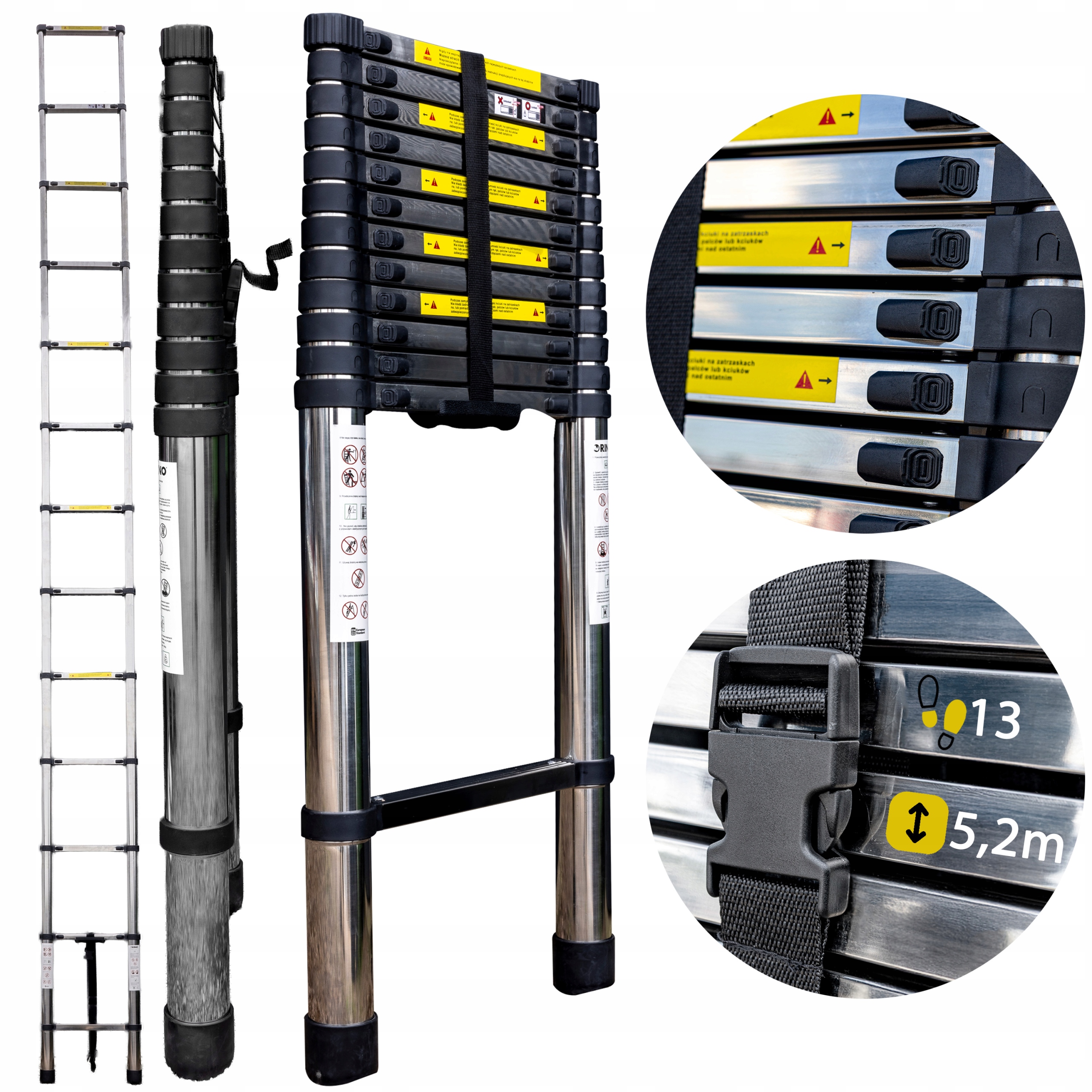 DRABINA TELESKOPOWA SKŁADANA 5,2M STALOWA RINO PRZYSTAWNA 150 kg WYTRZYMAŁA
