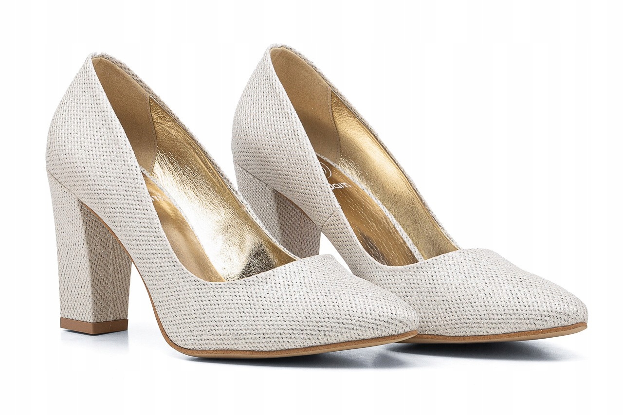 Boty na kolíčku stříbrné, brokátové, stabilní, Sofia 40