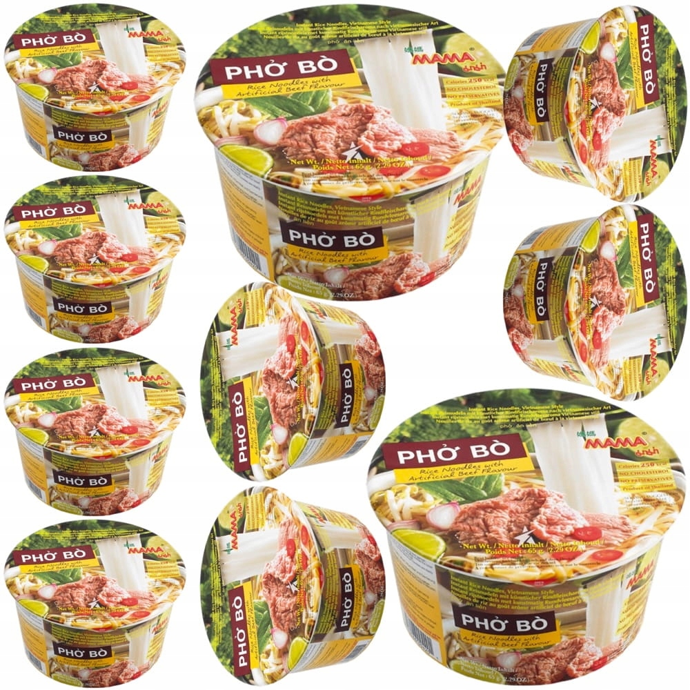 10x Blesková polévka Rýžové těstoviny Instant Hovězí Pho Bo Cup 65g Mama